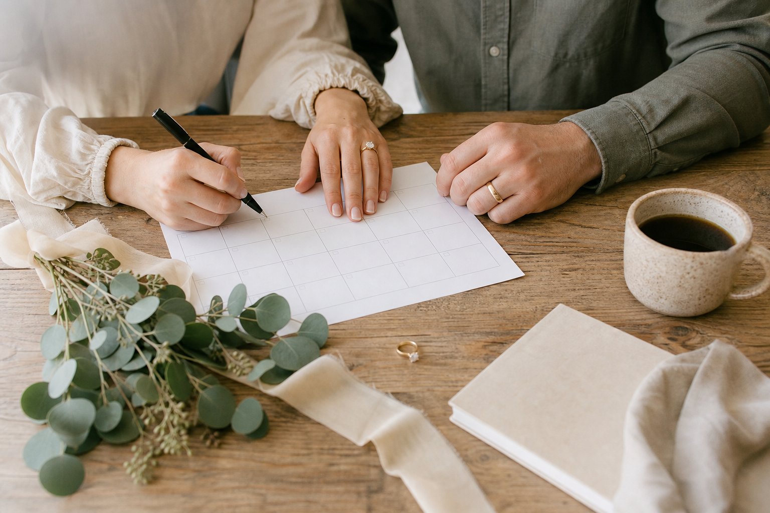 Couple reviewing a wedding planning calendar