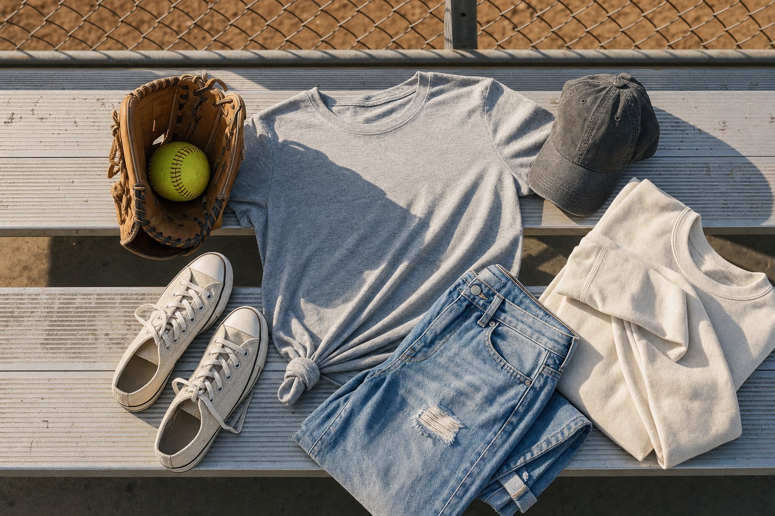Softball mom outfit with a gray tee, denim, sneakers, cap, sweatshirt, mitt, and yellow softball on bleachers
