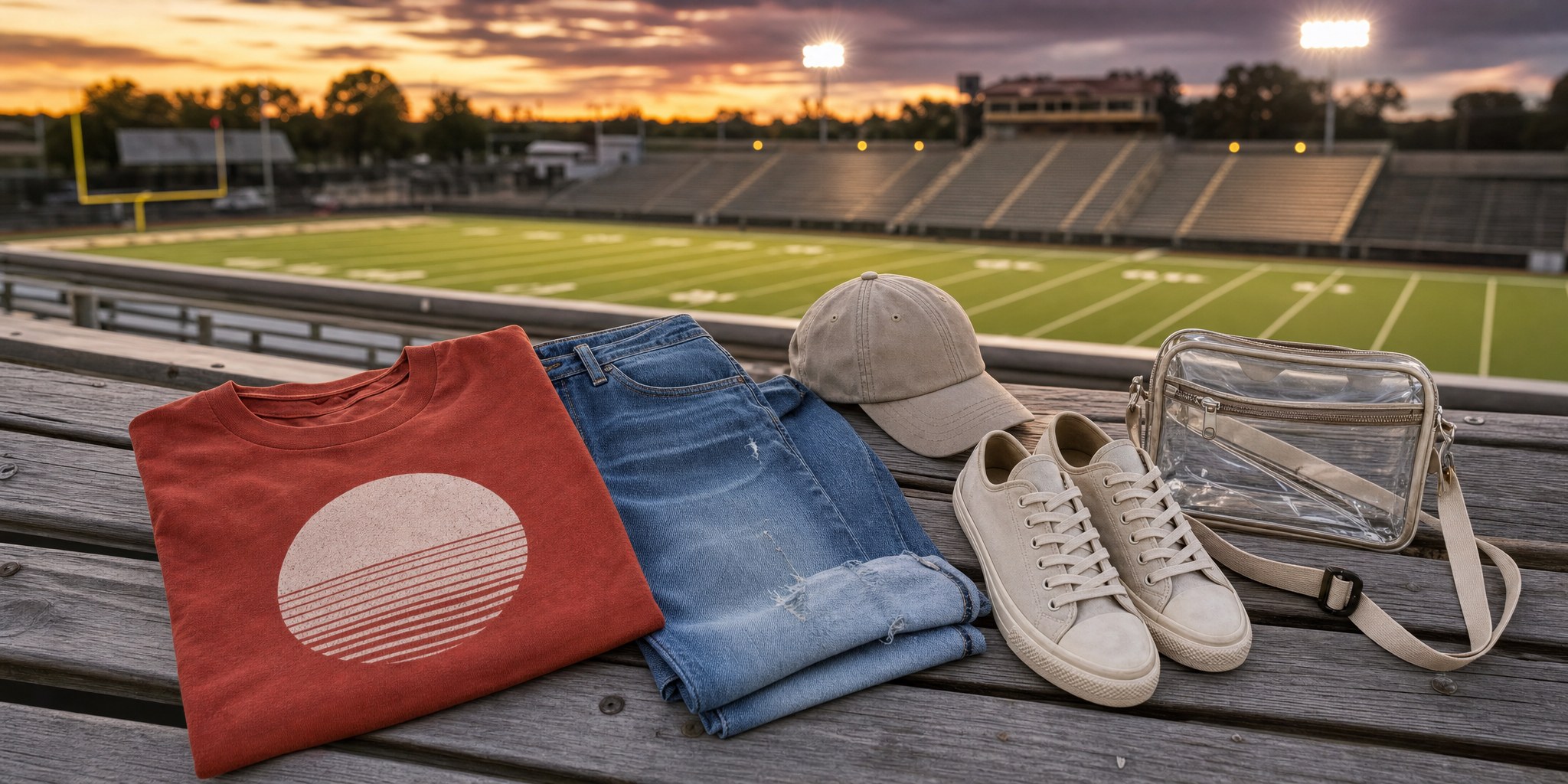 Casual football game outfit laid out on stadium bleachers at sunset