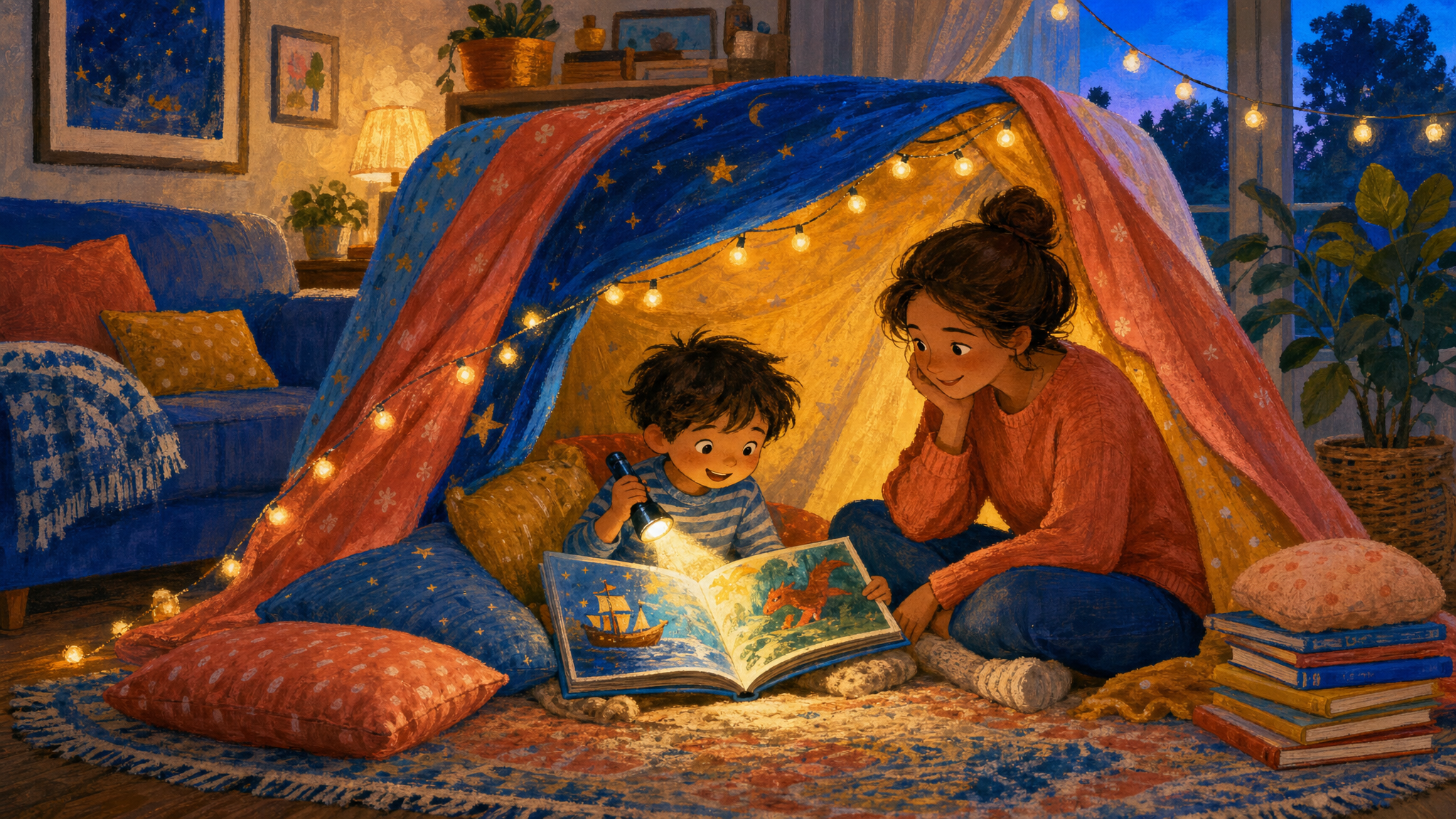 Child and caregiver reading a picture book together inside a blanket fort