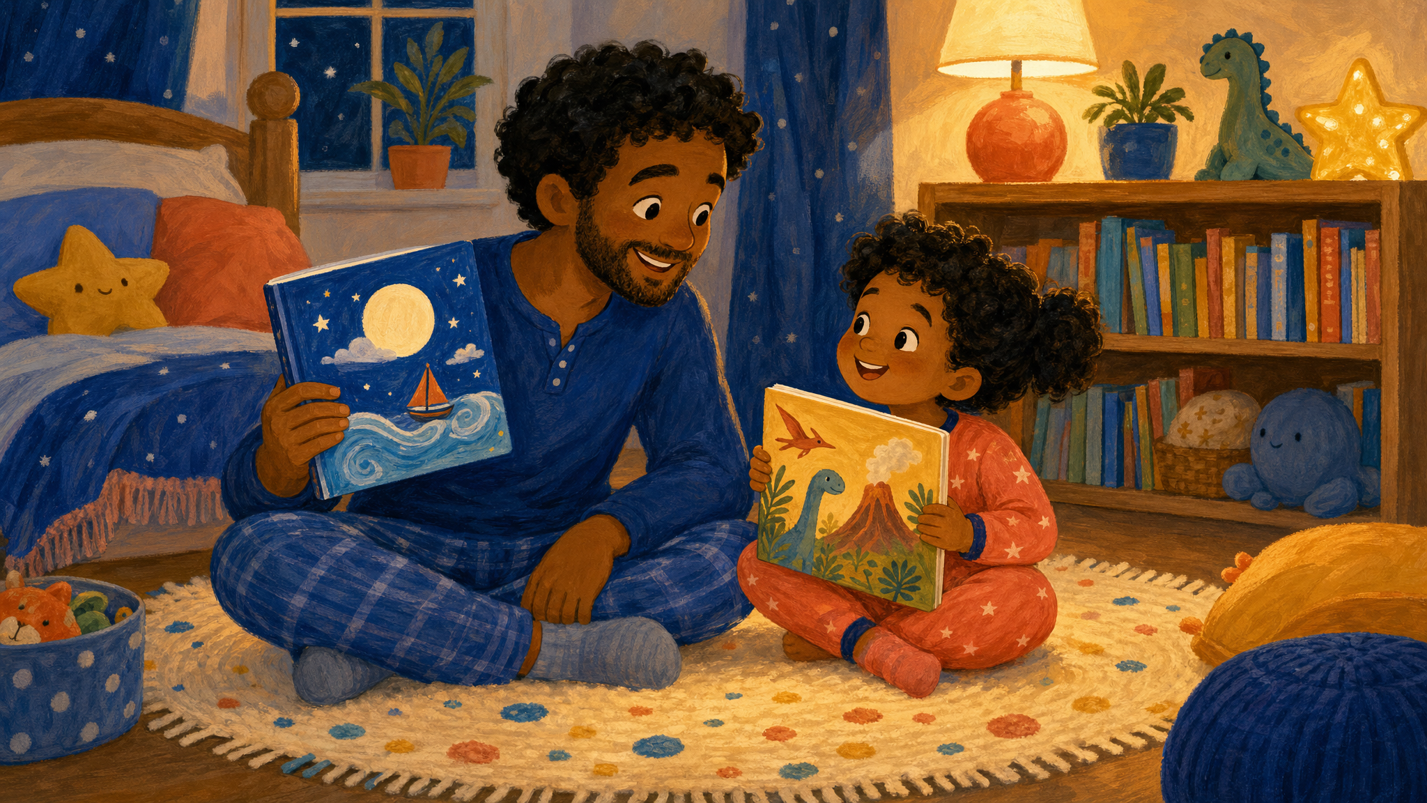 Parent and child choosing picture books together before bedtime