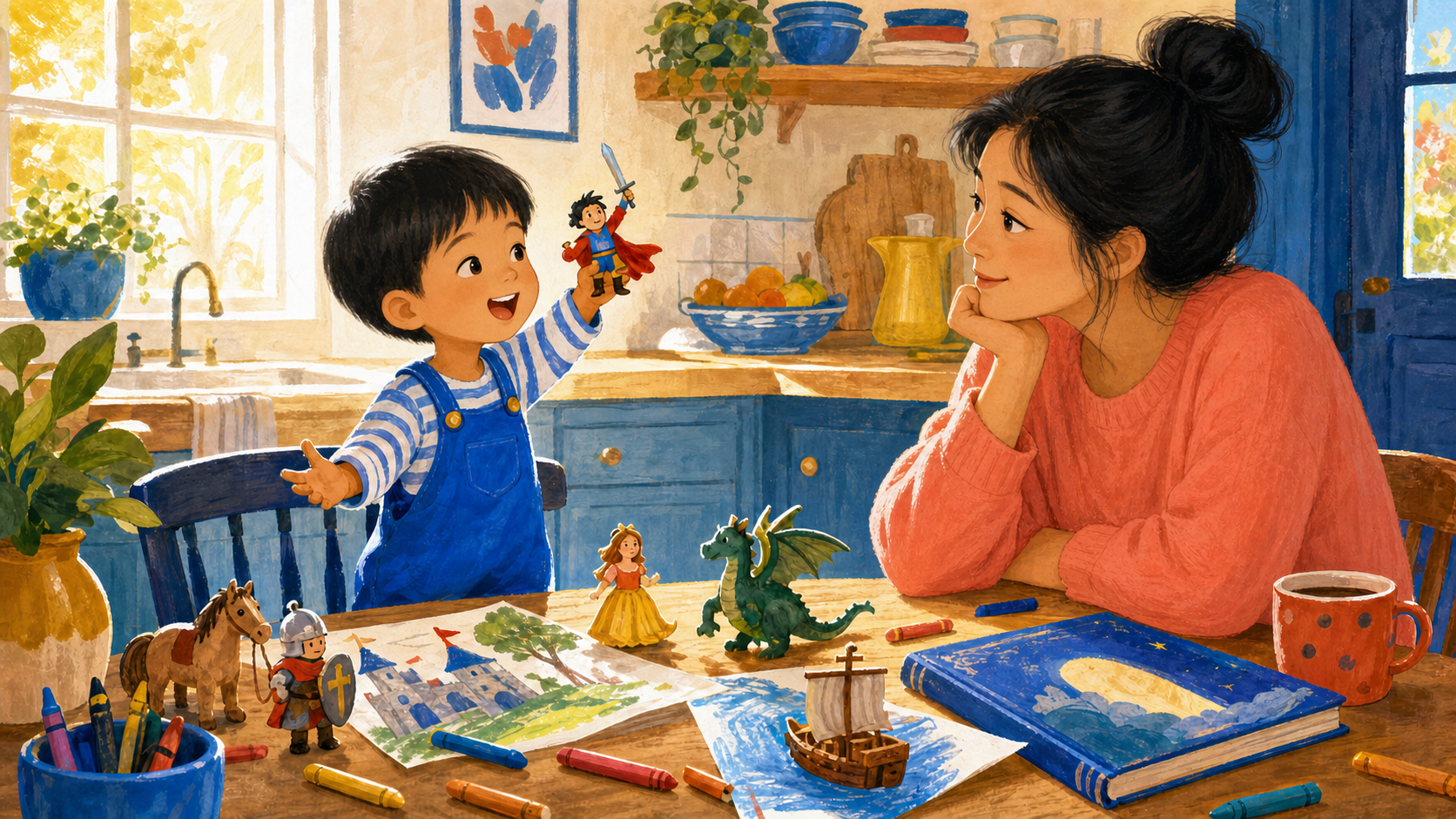 Child retelling a favorite story with drawings and toy figures while a caregiver listens