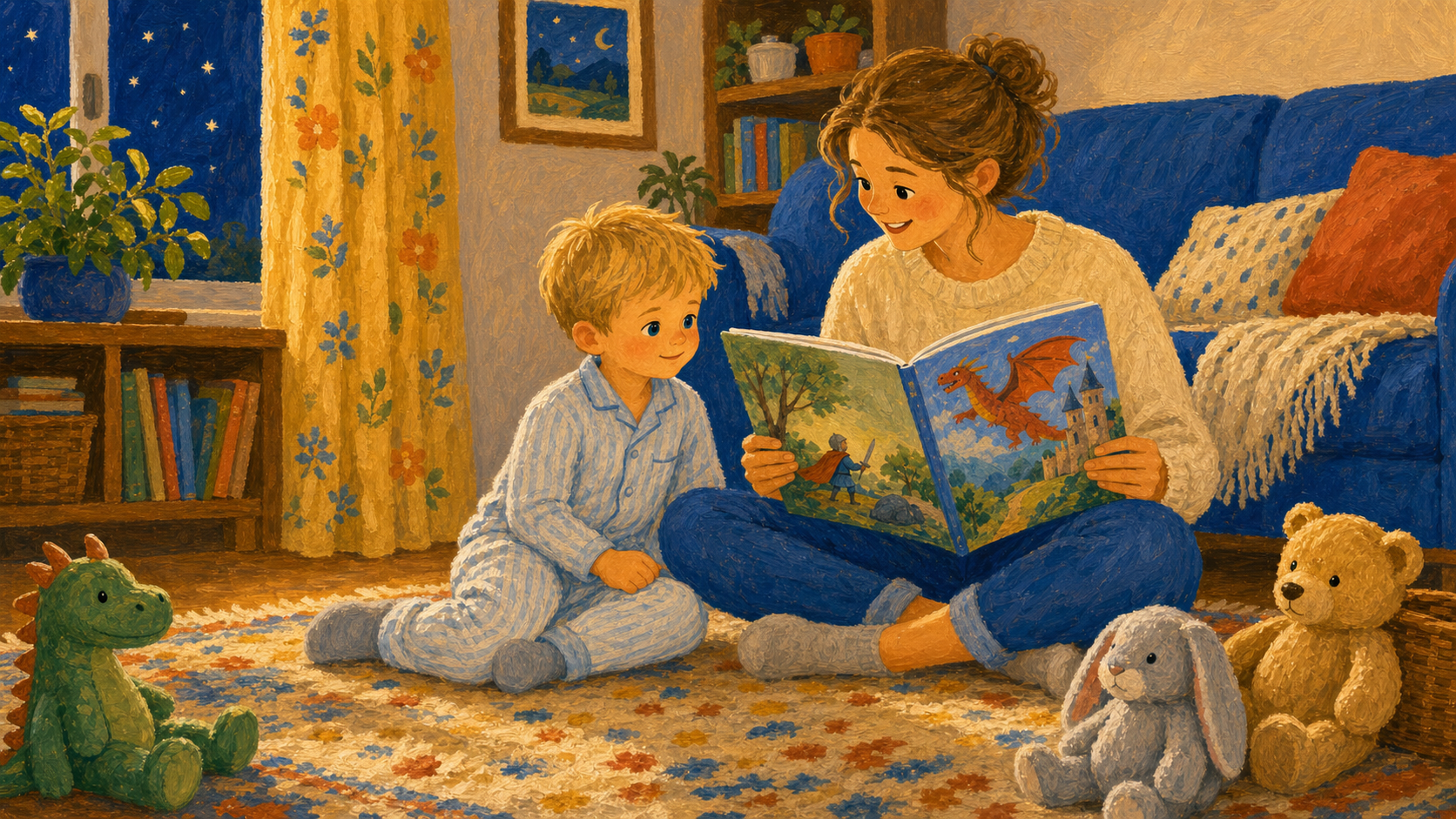 Caregiver reading aloud with a child who is acting out part of the story