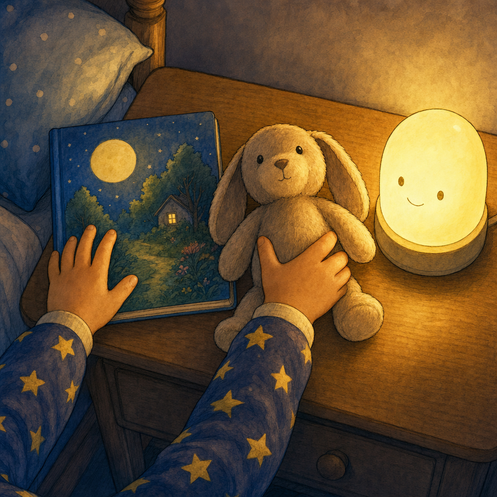 Child choosing a book, stuffed toy, and night-light at bedtime