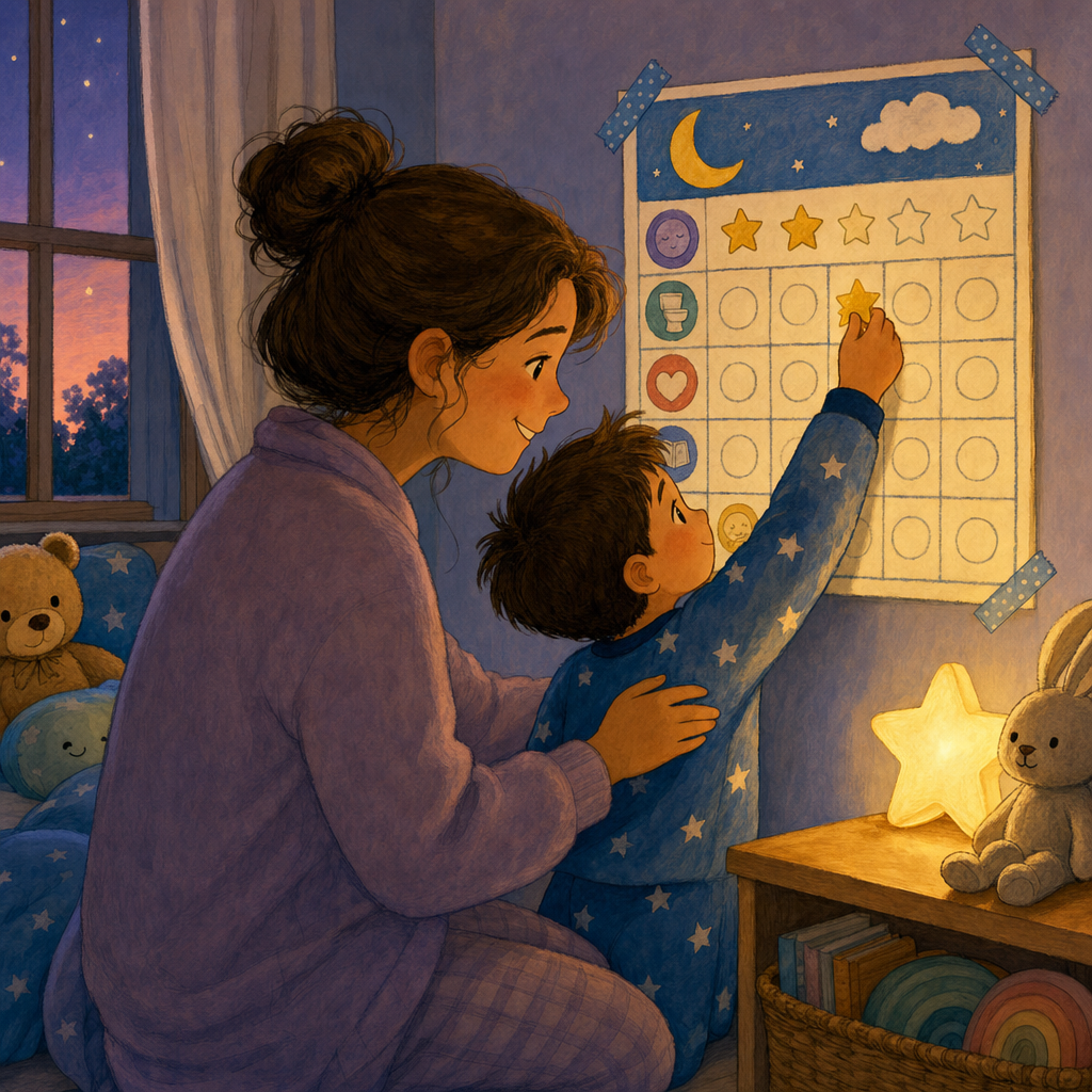 Caregiver and child celebrating a small brave bedtime step