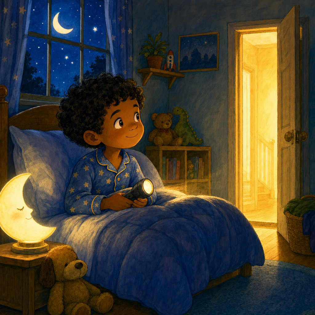 Child in pajamas holding a flashlight in a warmly lit bedroom