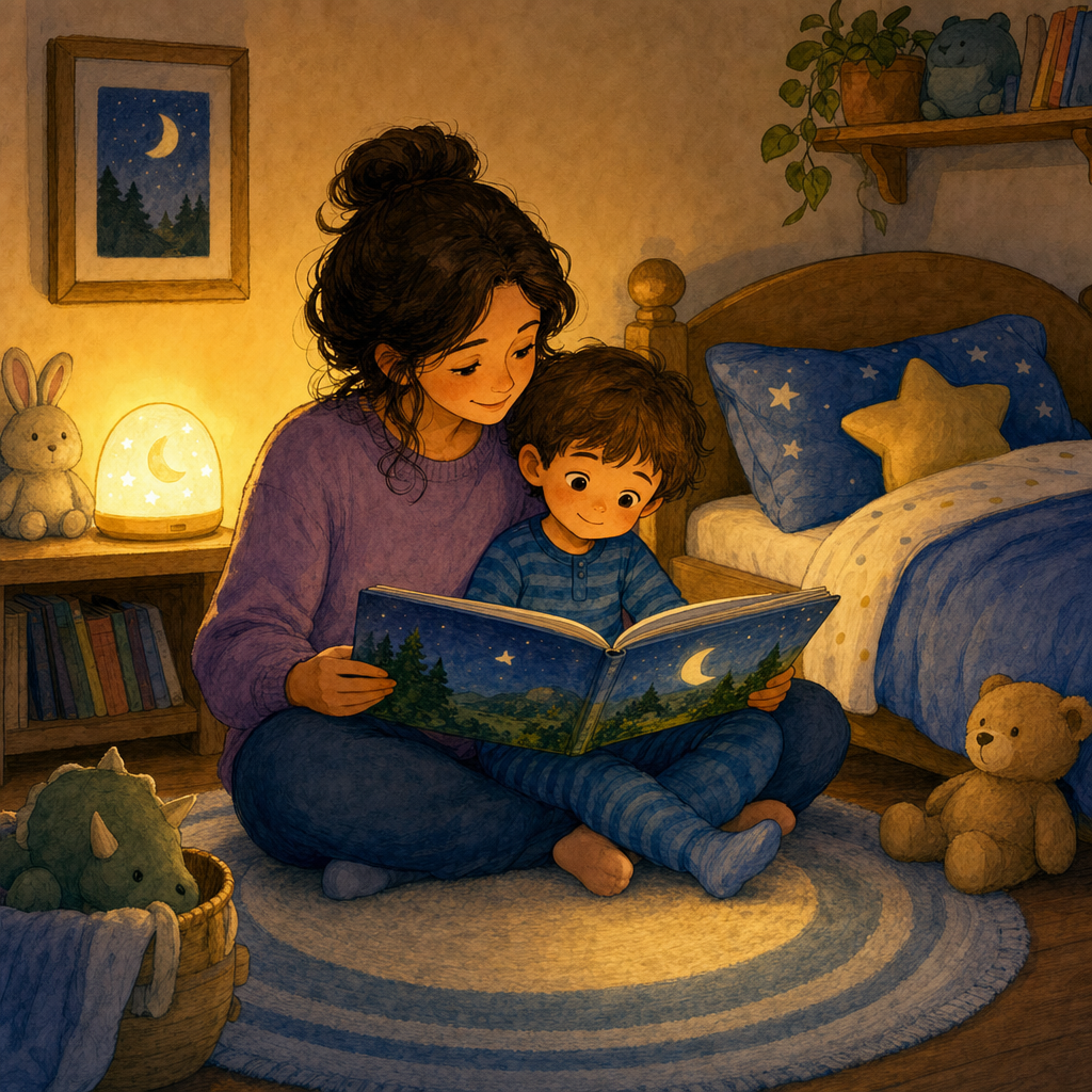 Caregiver and child reading together at bedtime