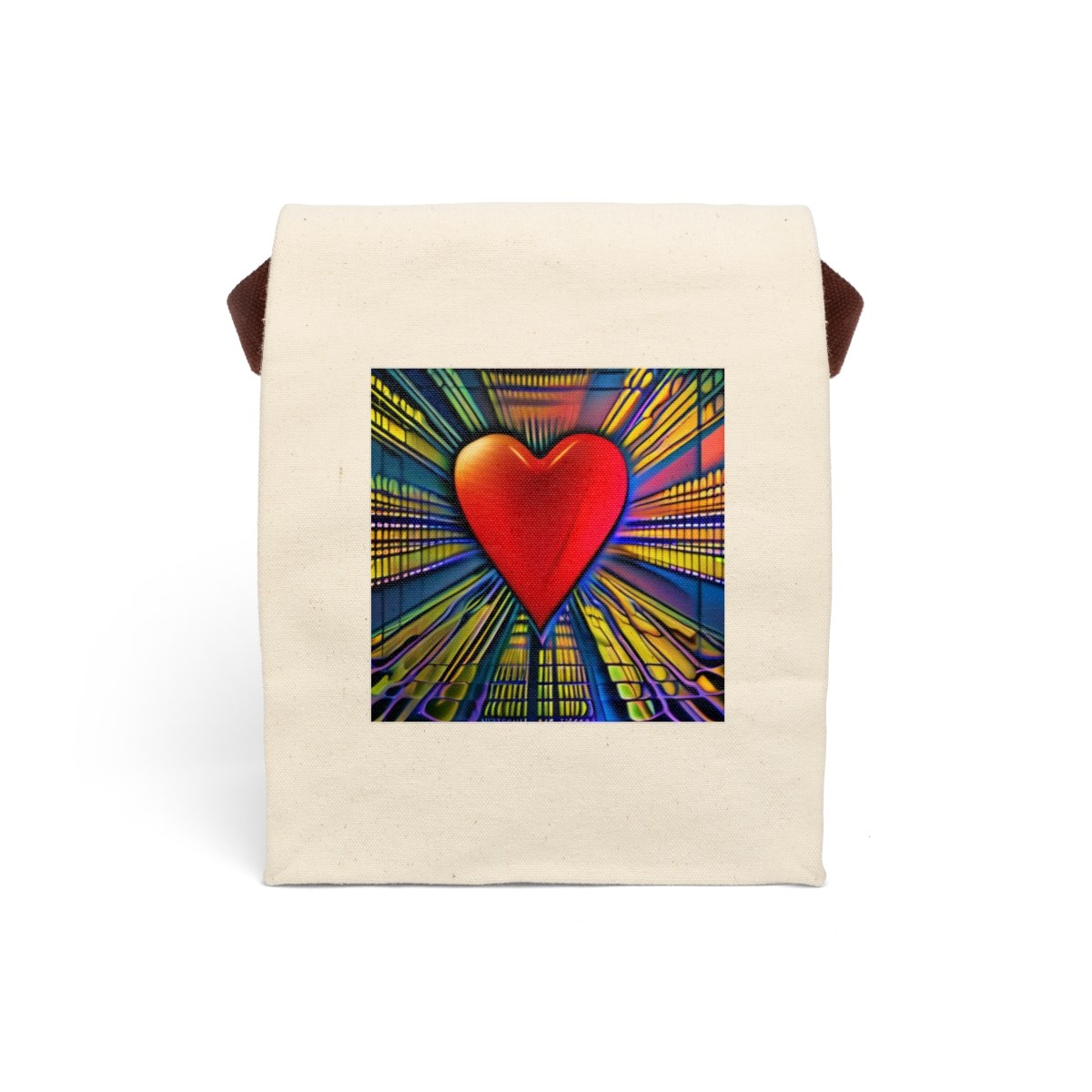 Heartburst Canvas Lunch Bag , Colorful Retro Heart Lunch Tote with Strap
