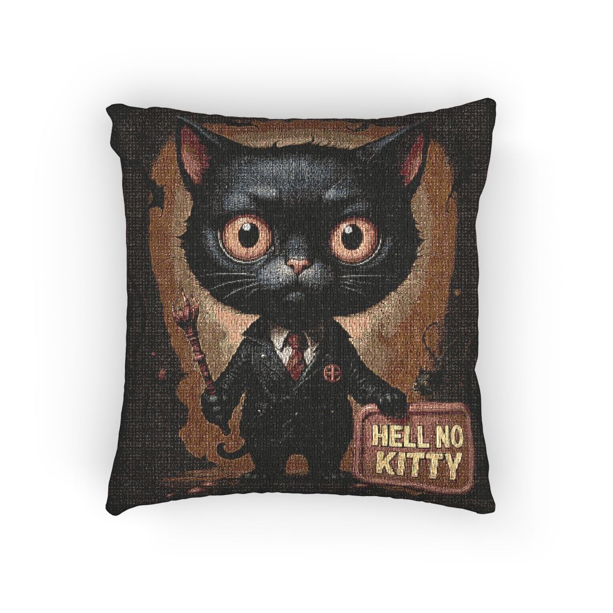 Gothic Black Cat Woven Pillow , "Hell No Kitty" Vintage Portrait Decorative Cushion