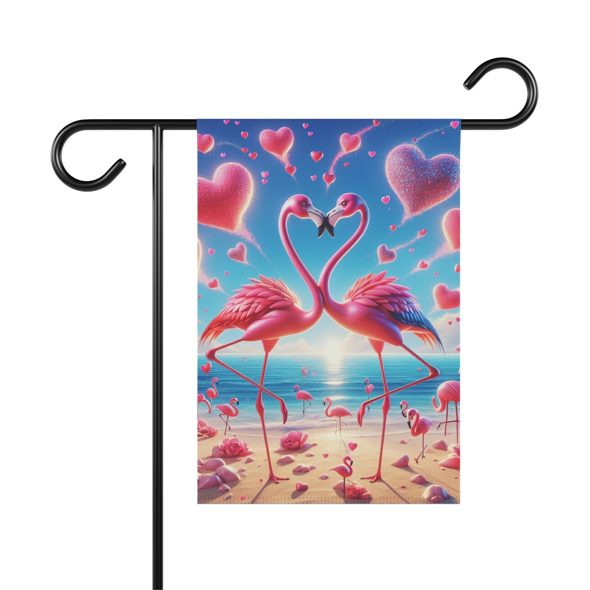 'Give Me Some Loving" Flamingo Garden Flag Designed by Law 'Rence