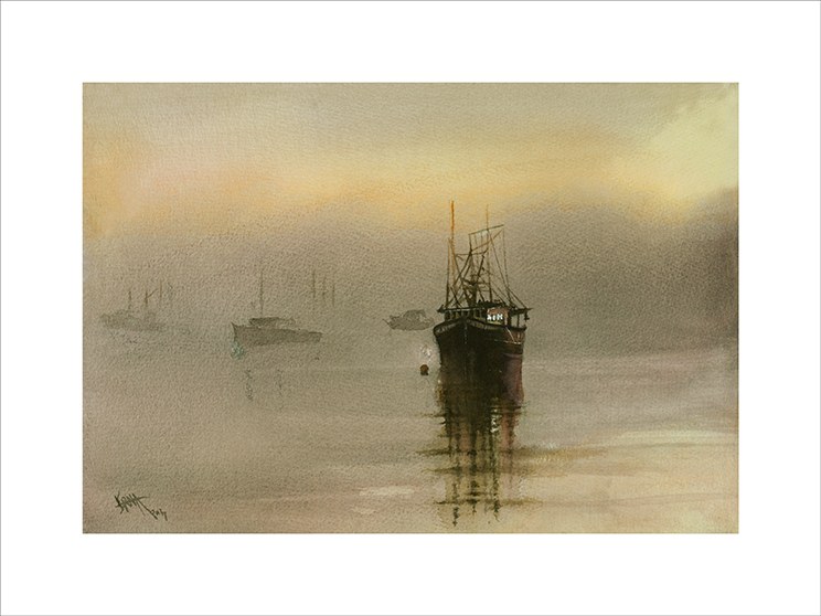 Misty landscape artwork reproduced as a fine art print