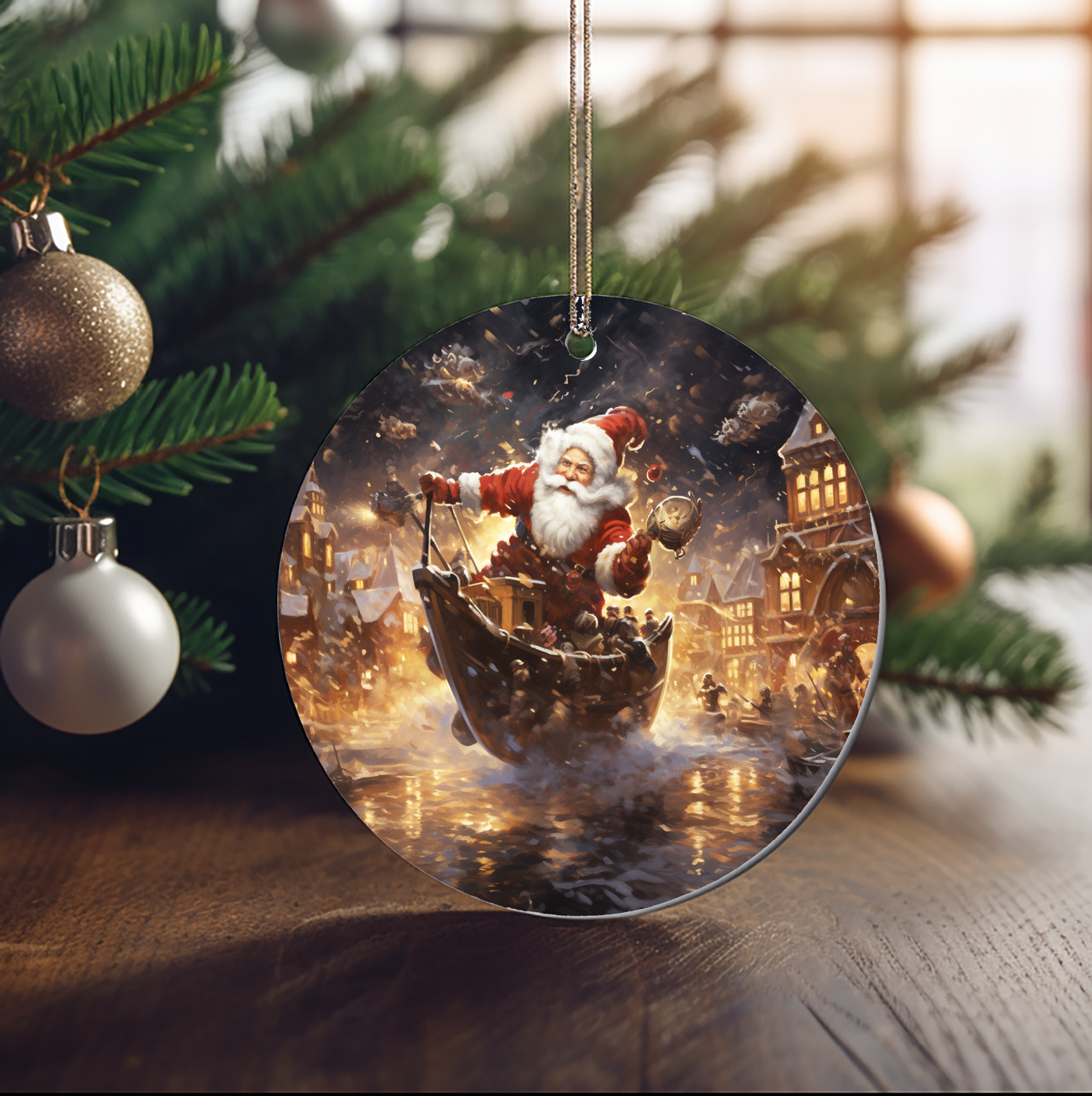 Santa above a glowing village
