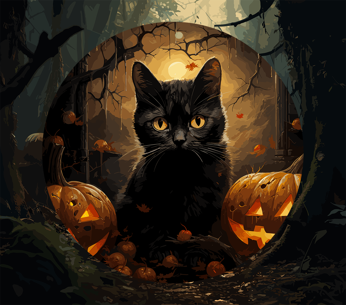 Black cat and pumpkins