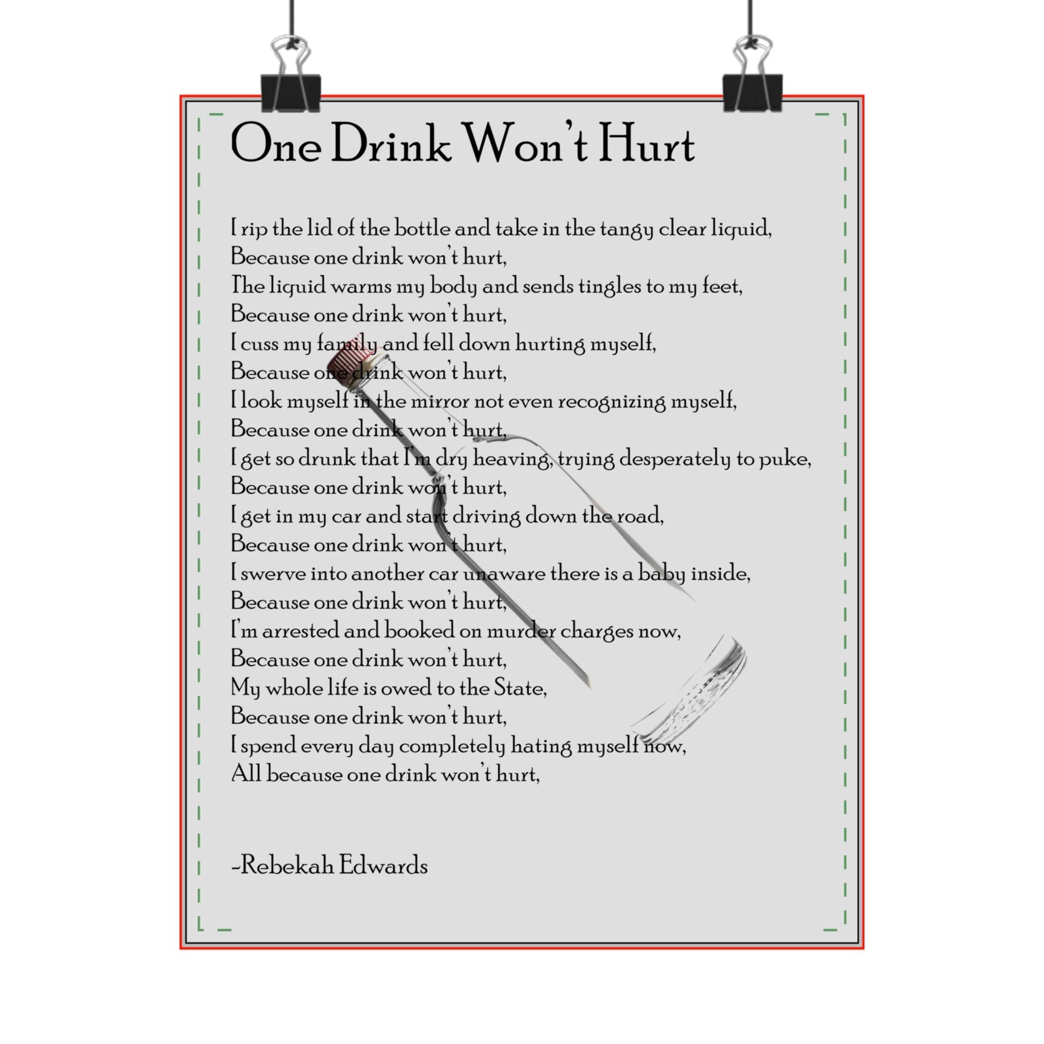 Poem Poster — "One Drink Won't Hurt" Matte Vertical Art Print