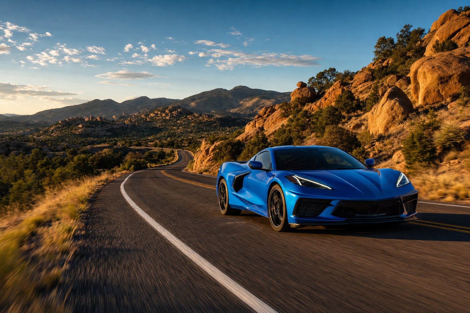 Blue Corvette driving through the Prescott high desert