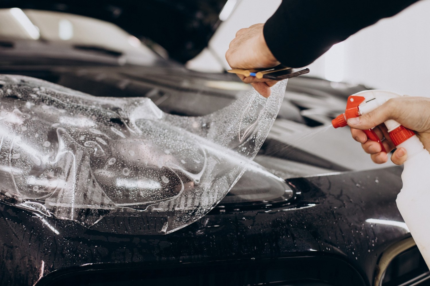 Clear paint protection film being applied across a vehicle front end