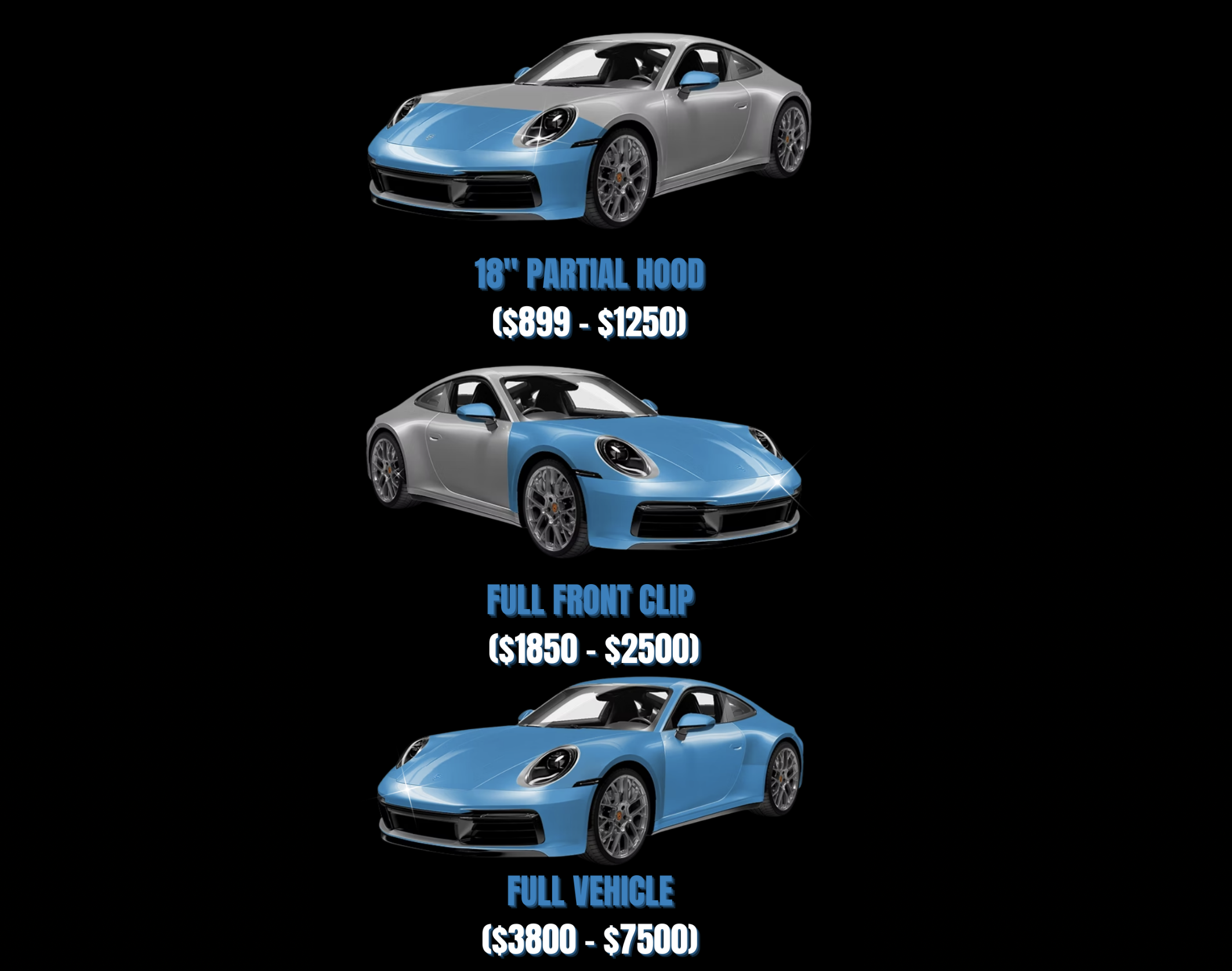 Paint protection film coverage examples on a blue and silver vehicle