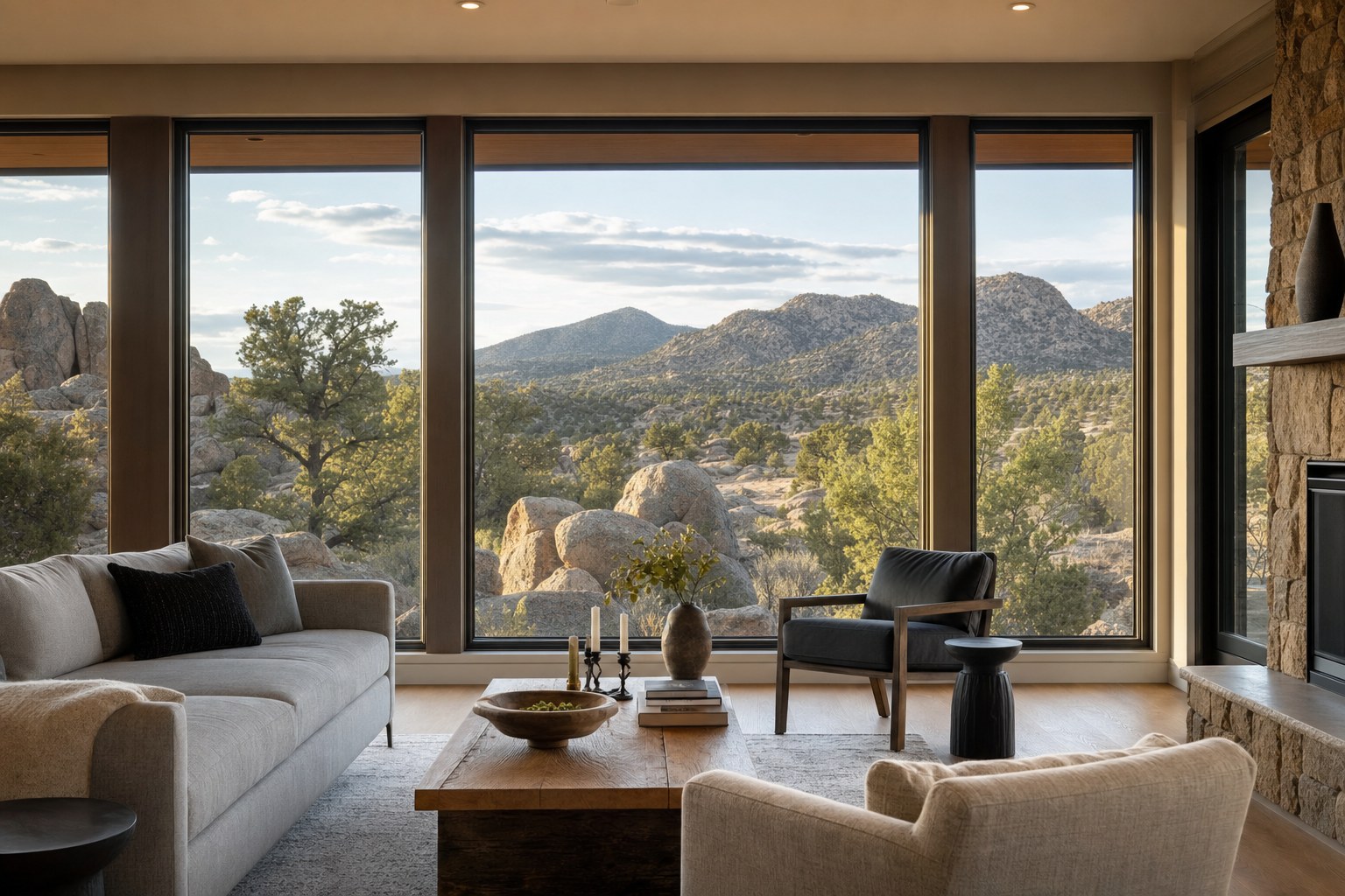 Warm living room with expansive windows overlooking Prescott granite hills