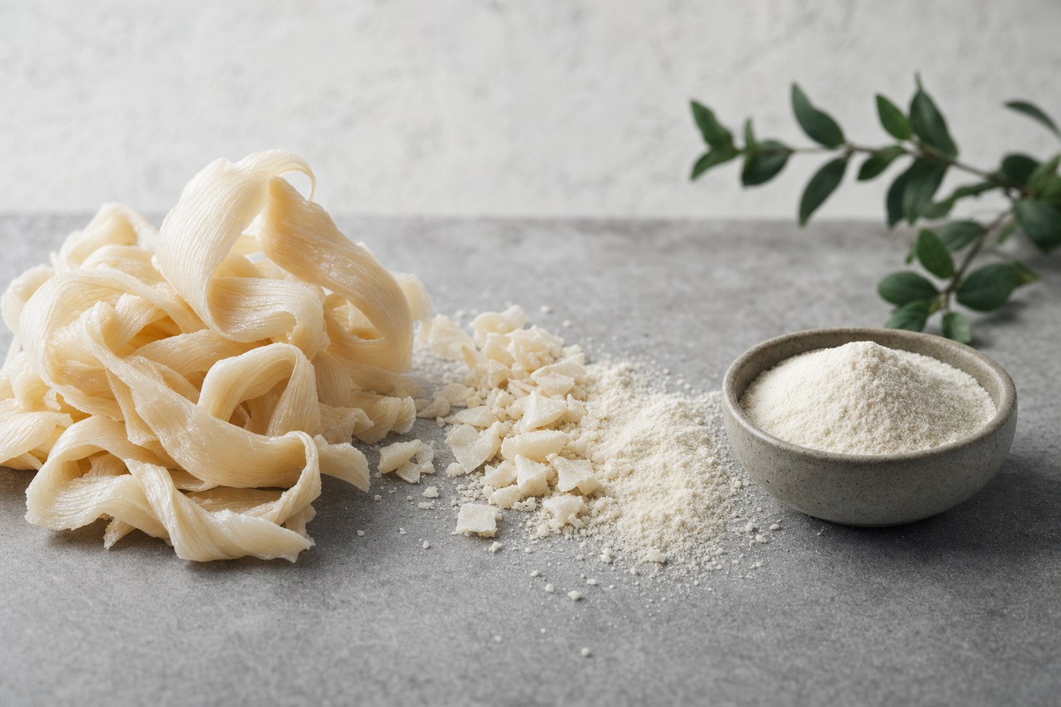 Collagen-like protein ribbons beside fine powder, showing the idea of hydrolysis