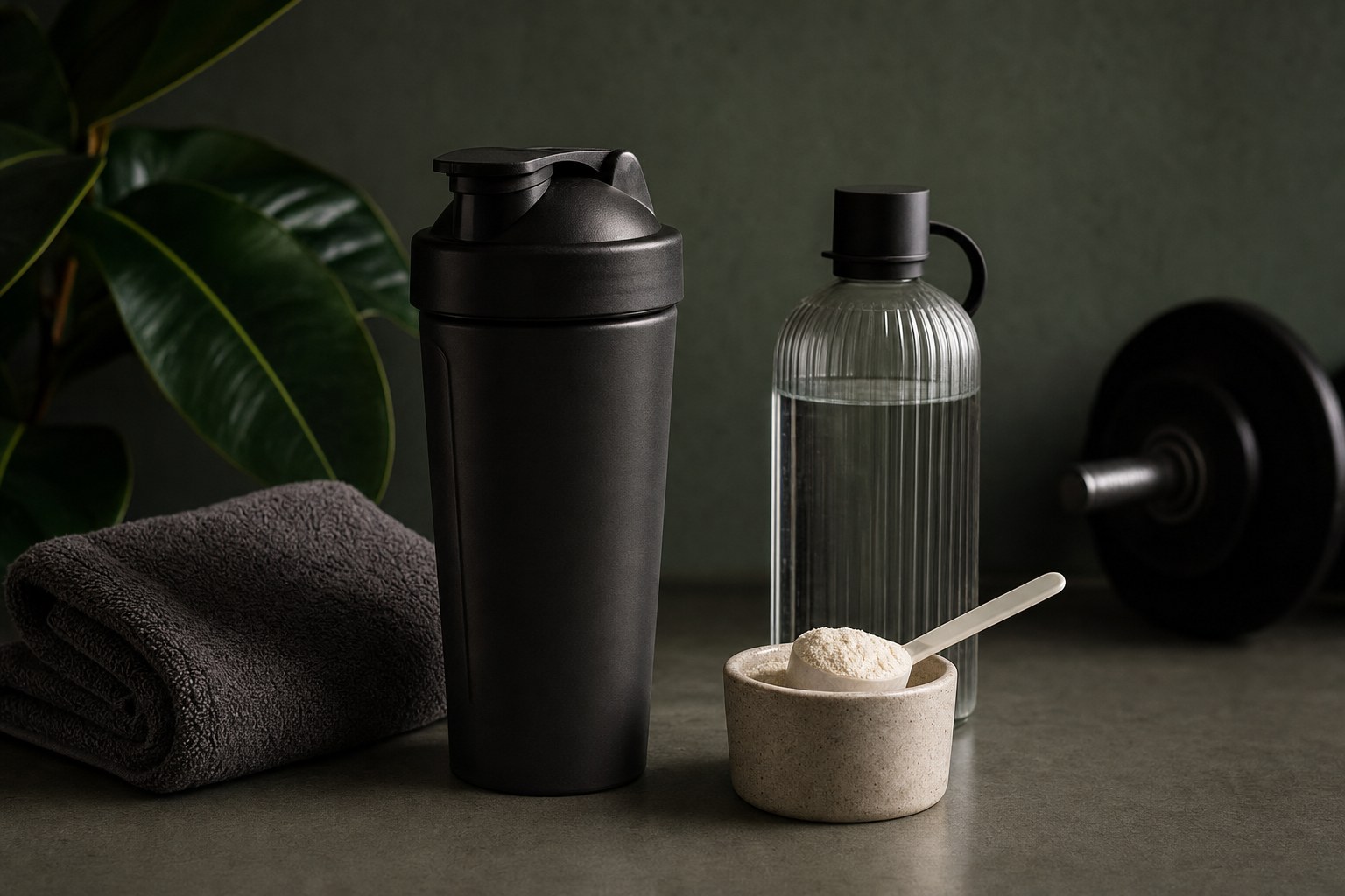 Shaker, water bottle, towel and collagen powder set out for recovery