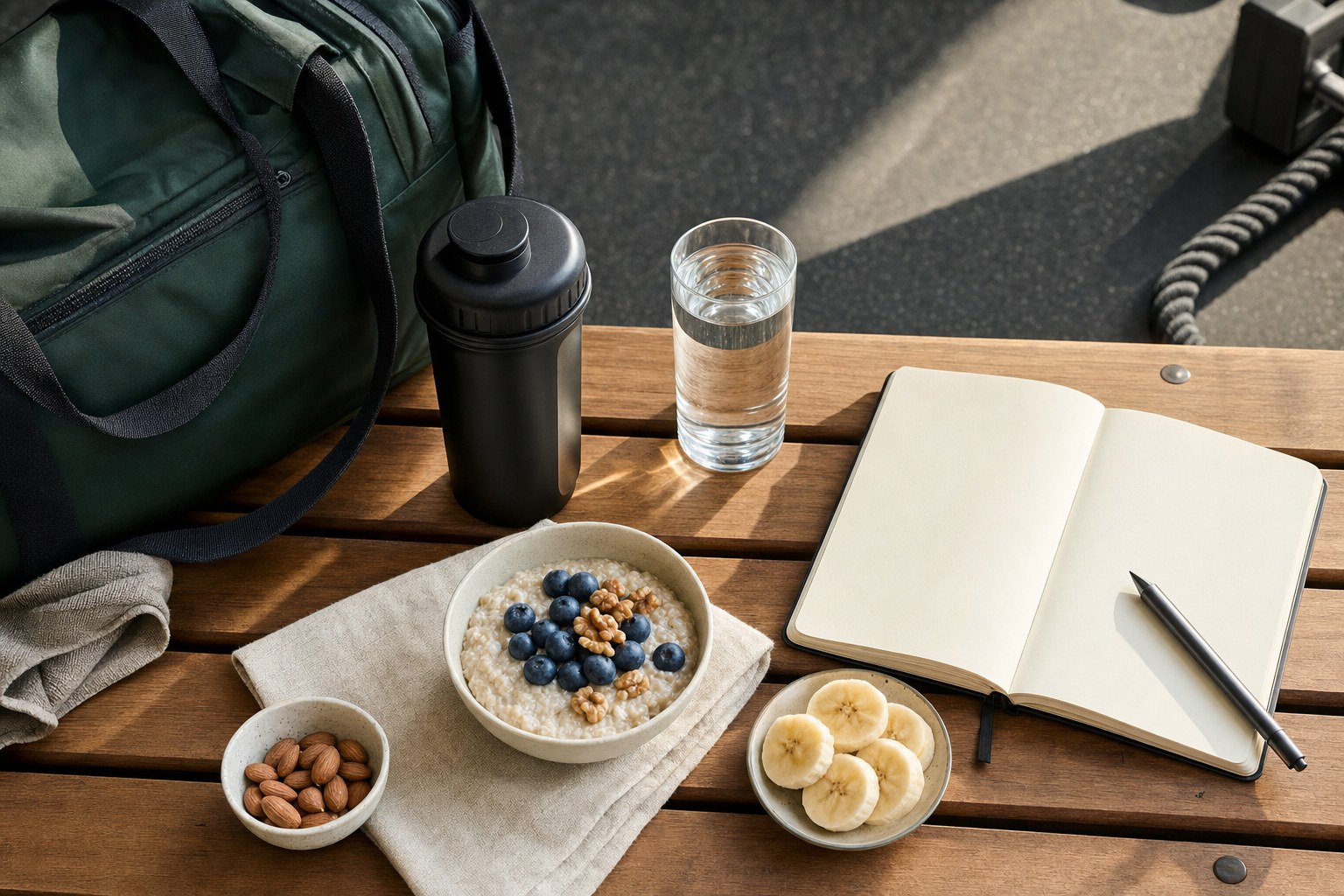 Shaker, water, gym bag, breakfast and open notebook arranged for a daily routine