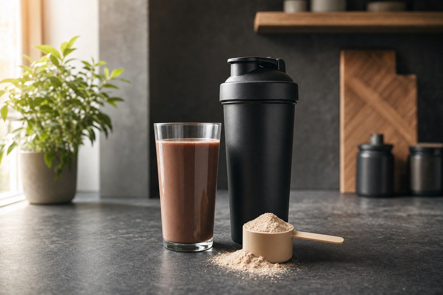 Chocolate collagen drink, shaker and scoop of powder on a countertop