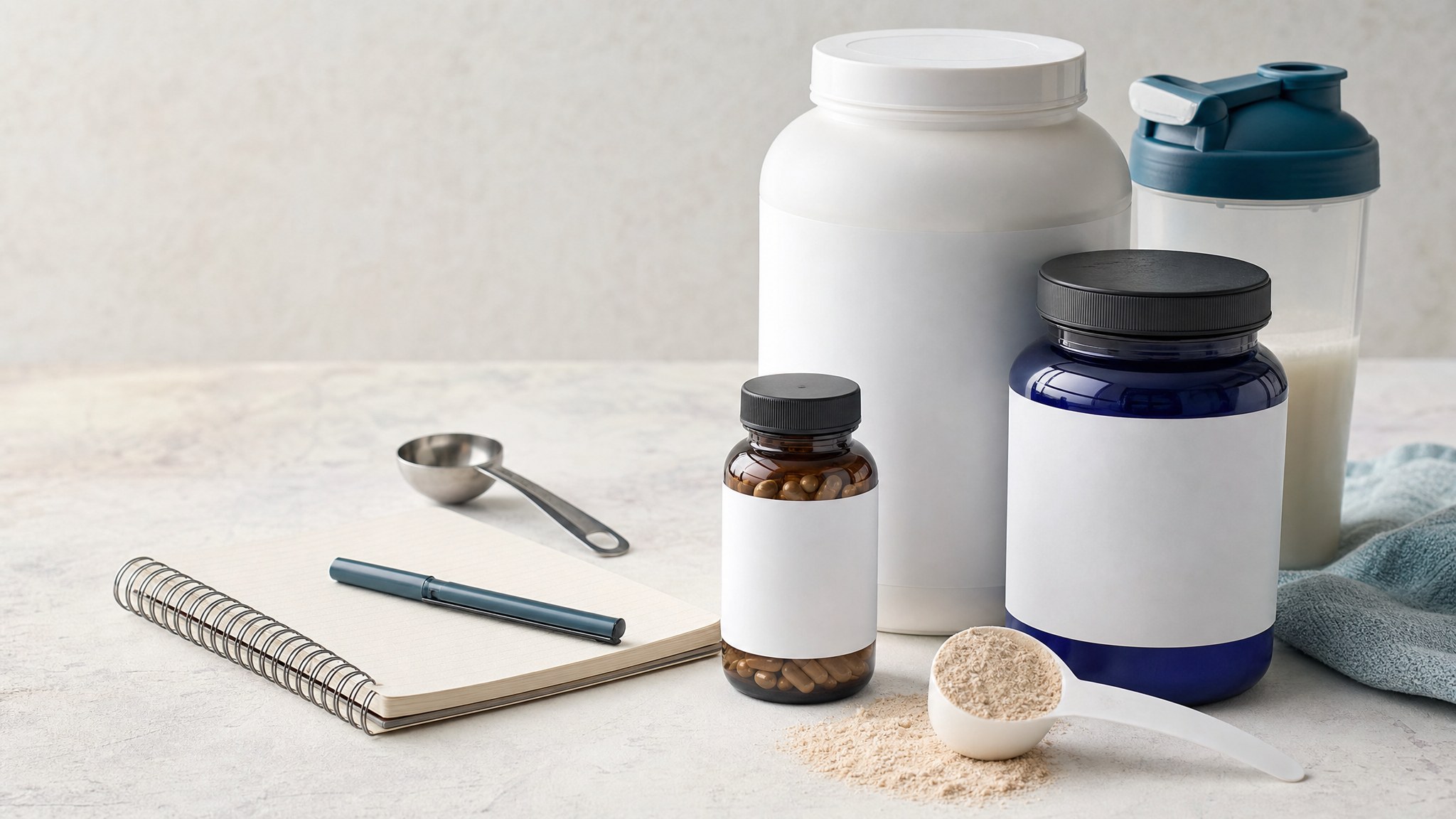 Unbranded dietary supplement containers, a scoop, and a notebook