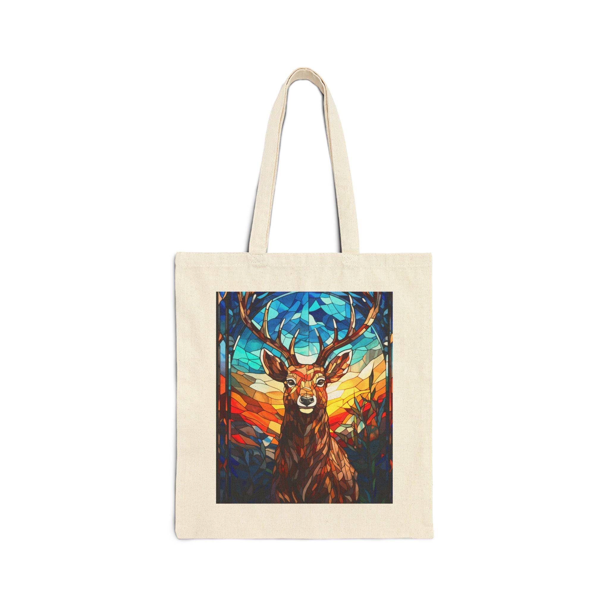 Stained Glass Stag Tote Bag | Deer Artwork Canvas Tote