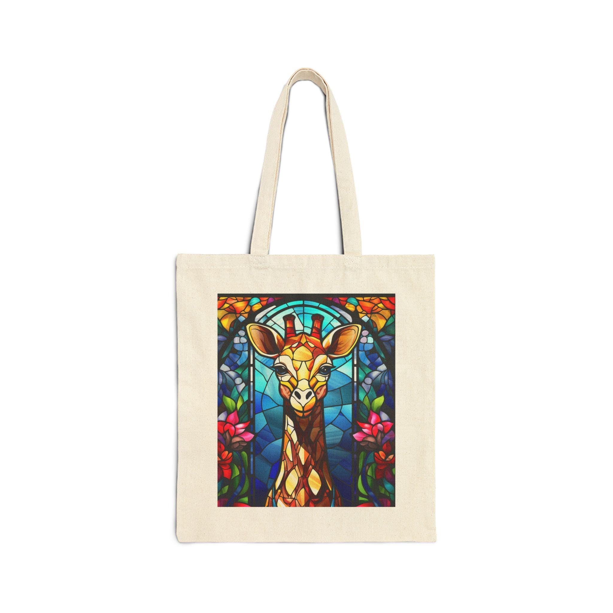 Stained Glass Giraffe Tote Bag | Colorful Animal Art, Floral Accents
