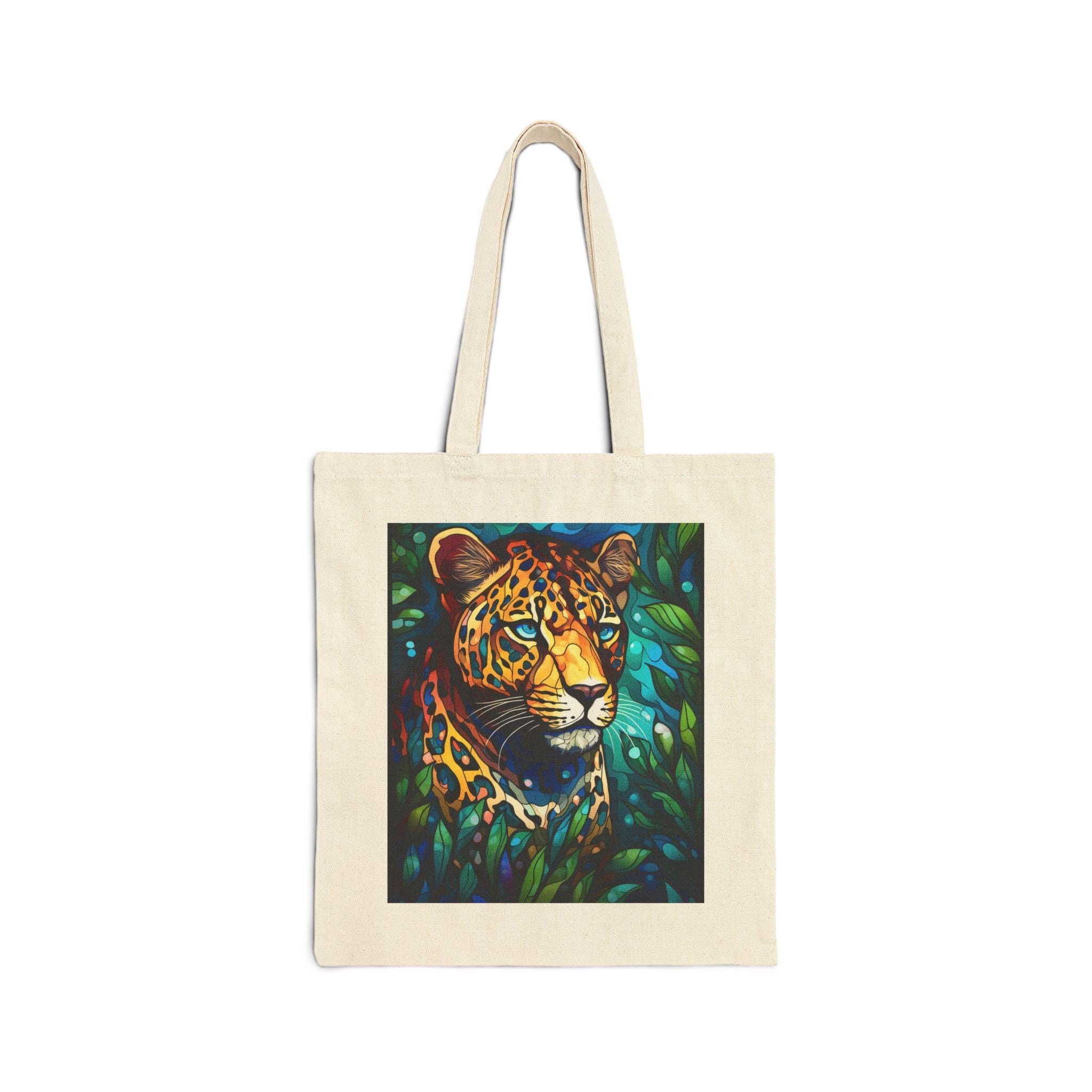 Colorful Jaguar Portrait Tote Bag | Jungle Cat Art Canvas Tote