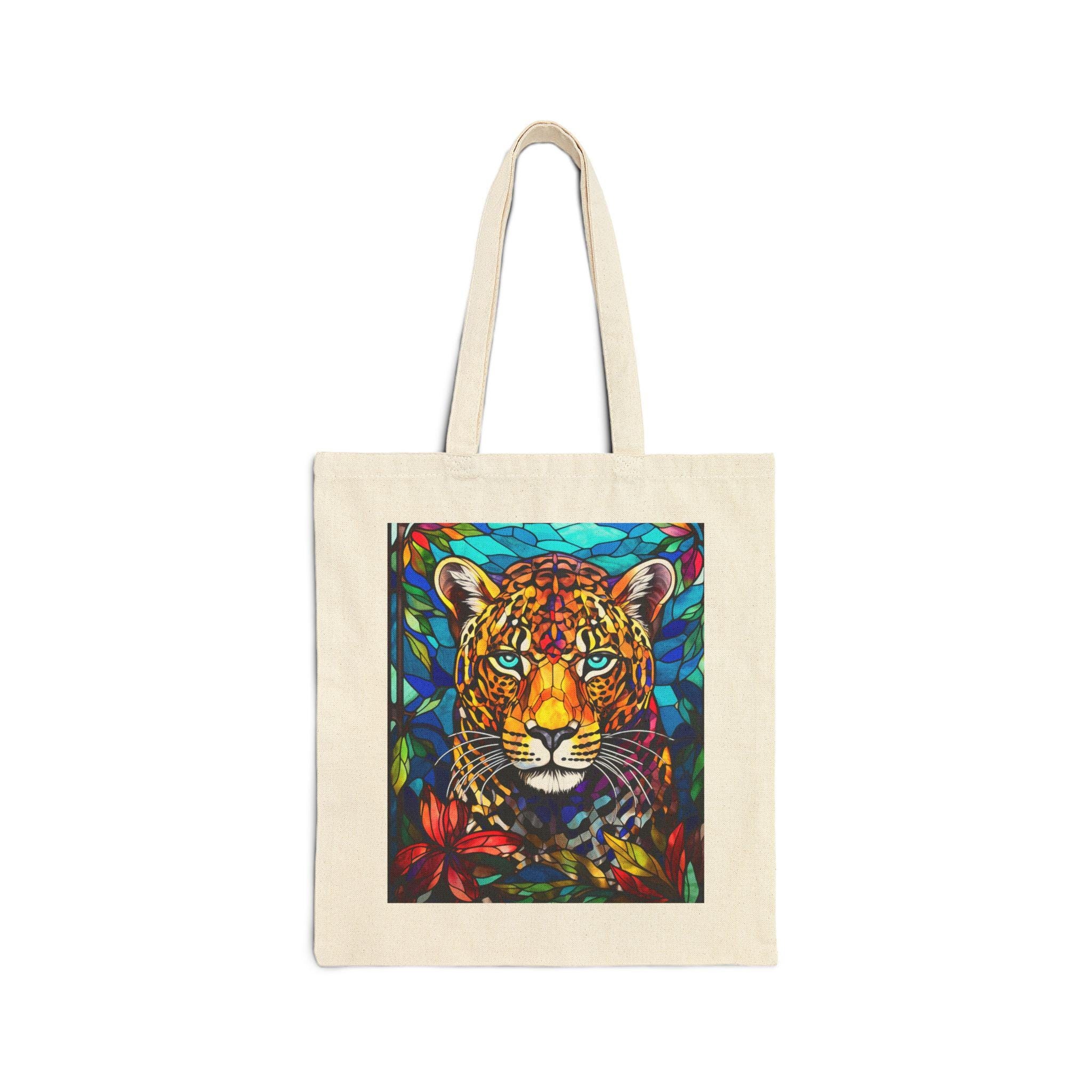 Colorful Jungle Leopard Tote Bag | Vibrant Stained Glass Style Art
