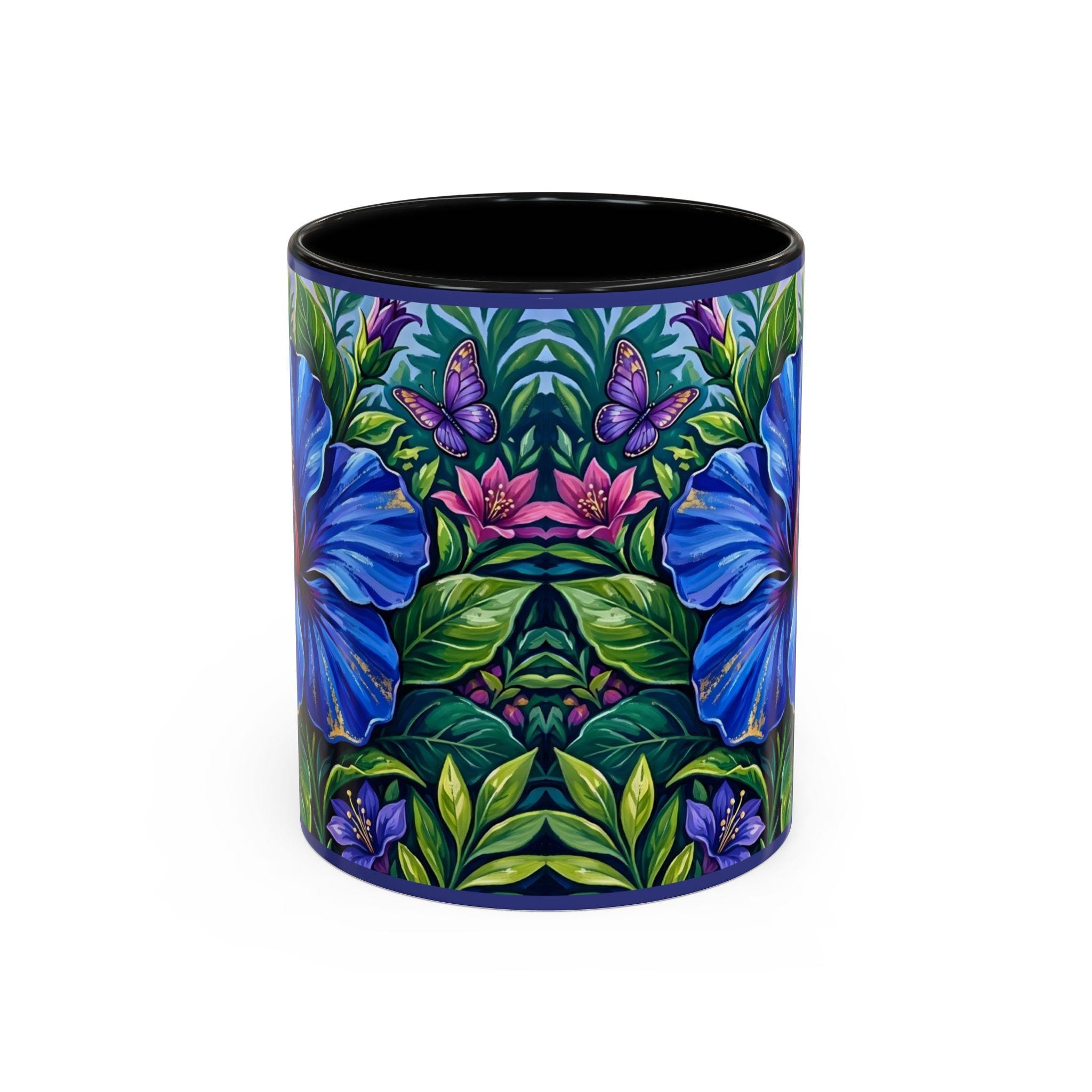 Blue Hibiscus Floral Accent Coffee Mug | Botanical Pattern, Butterfly