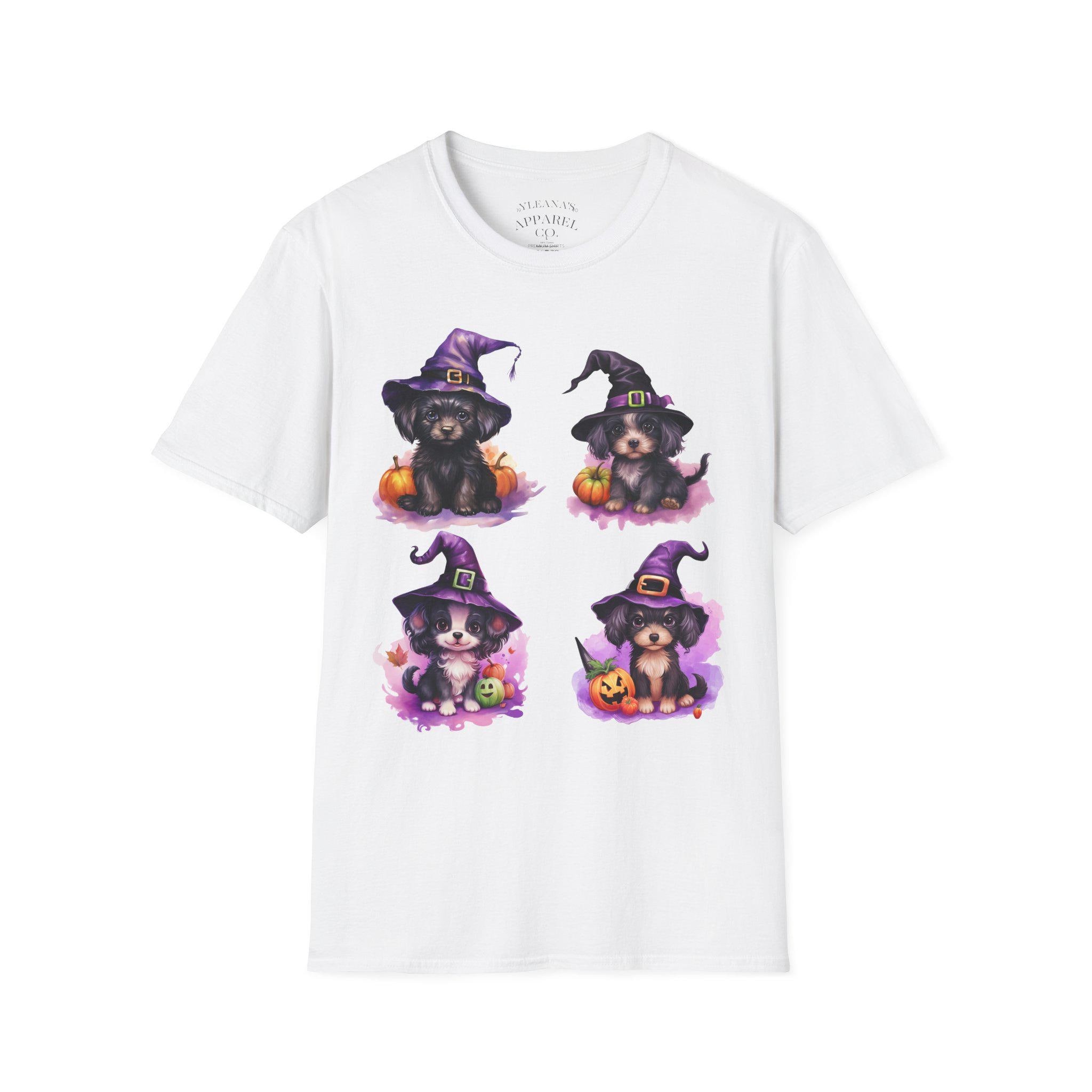 Cute Puppy Witches T-Shirt | Halloween Puppies with Hats, Pumpkins