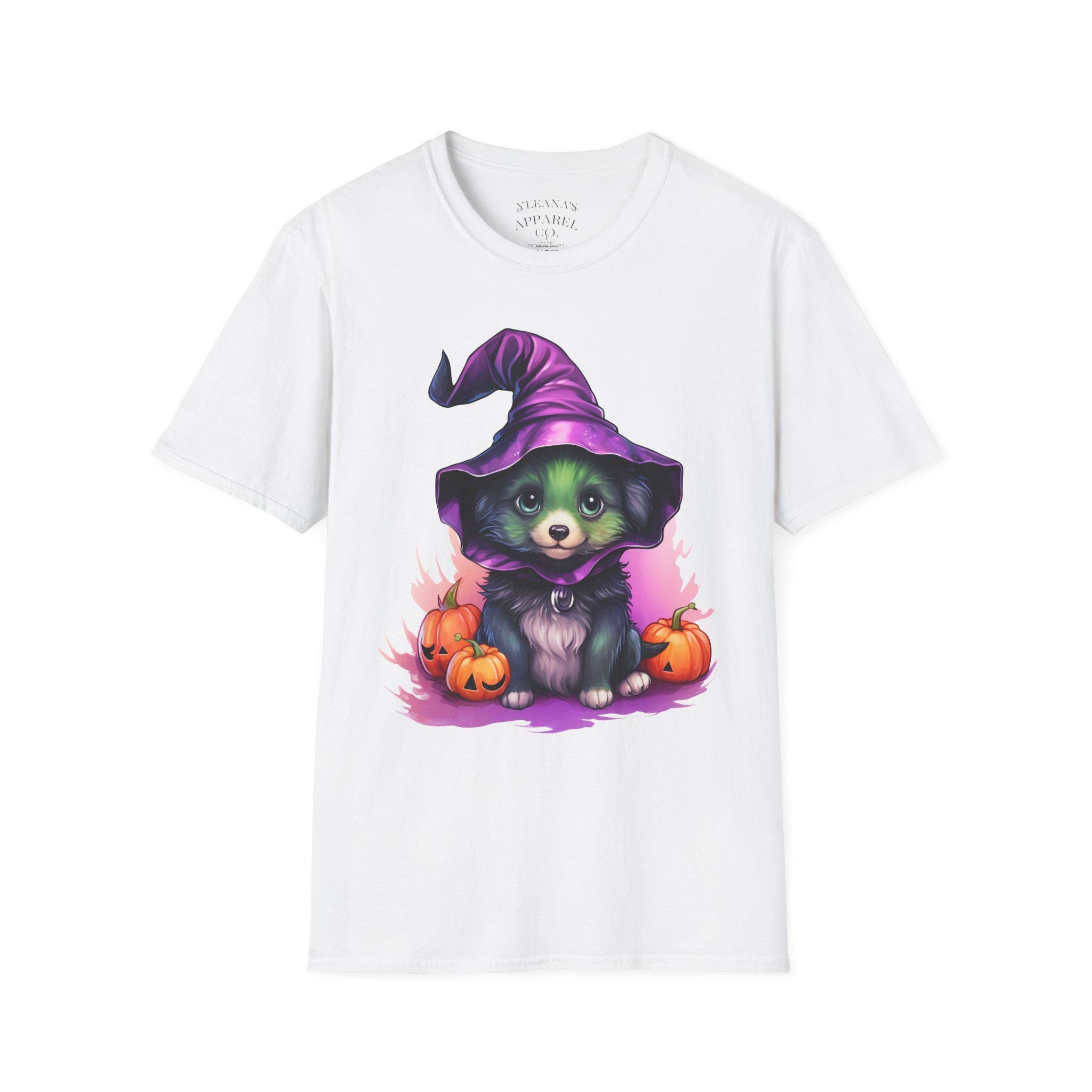Cute Witch Puppy T-Shirt | Halloween Puppy with Witch Hat and Pumpkins