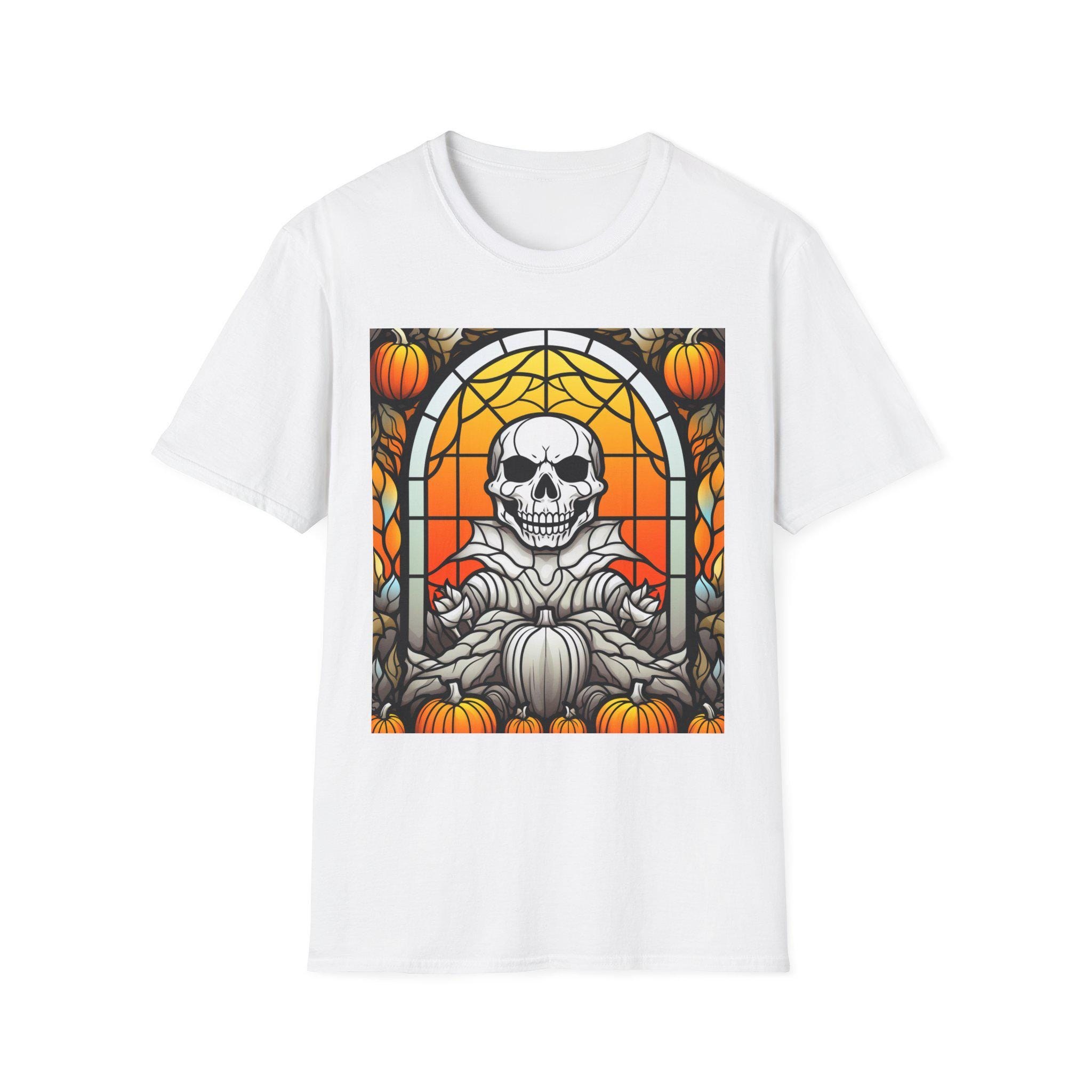 Skull Pumpkin Stained Glass T-Shirt | Halloween Skeleton Autumn Design