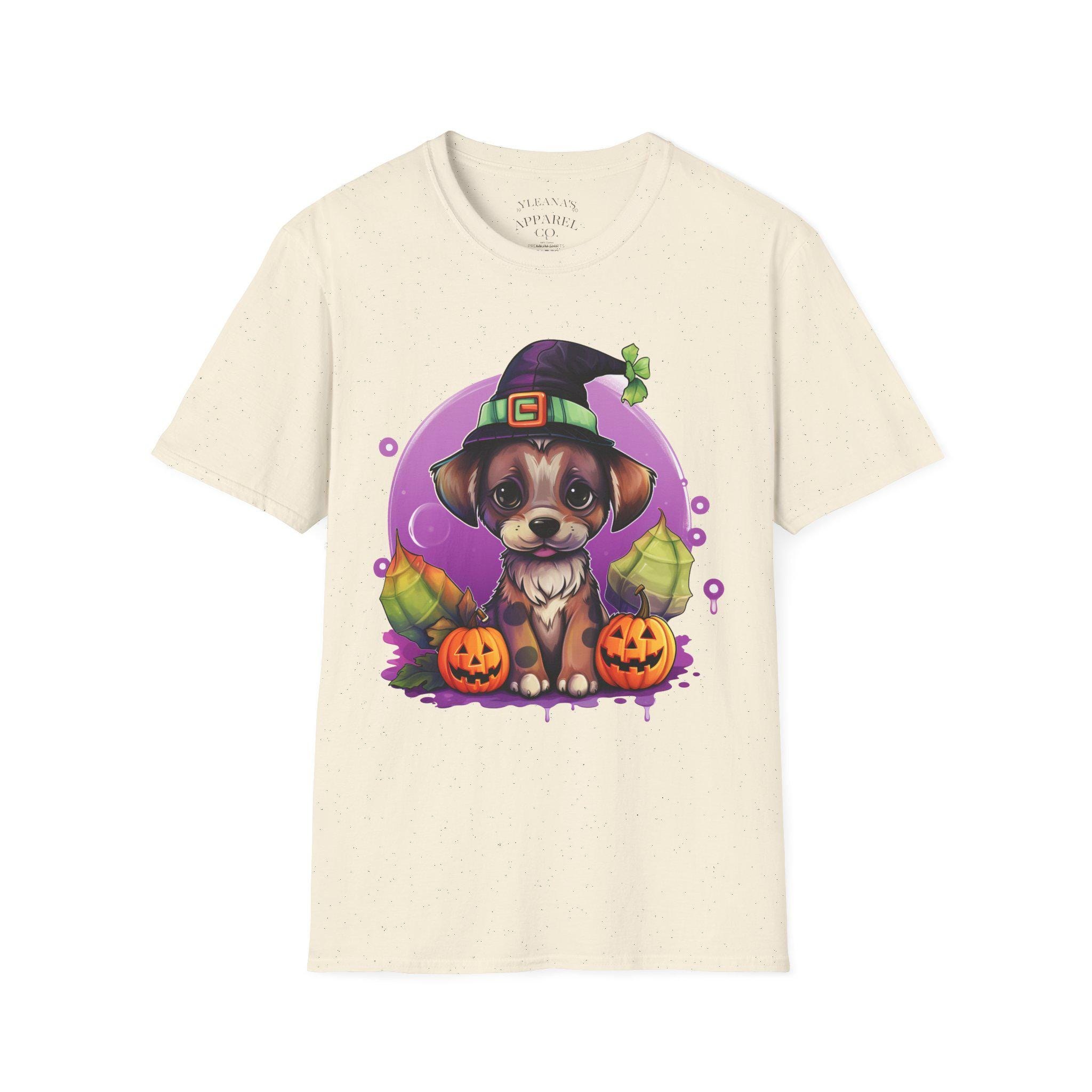 Cute Puppy in Witch Hat T-Shirt | Halloween Pumpkin Dog Tee