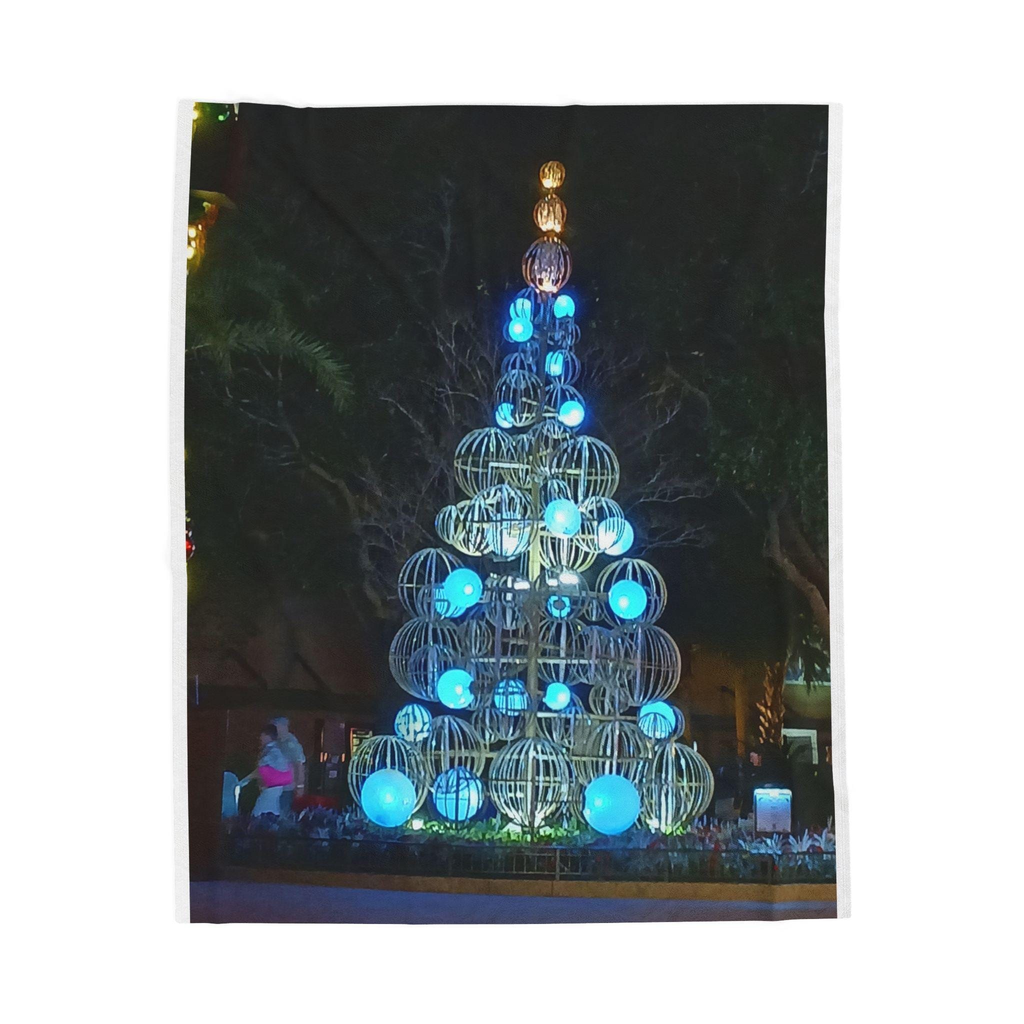 Blue Orb Christmas Tree Velveteen Plush Blanket | Holiday Lights Throw