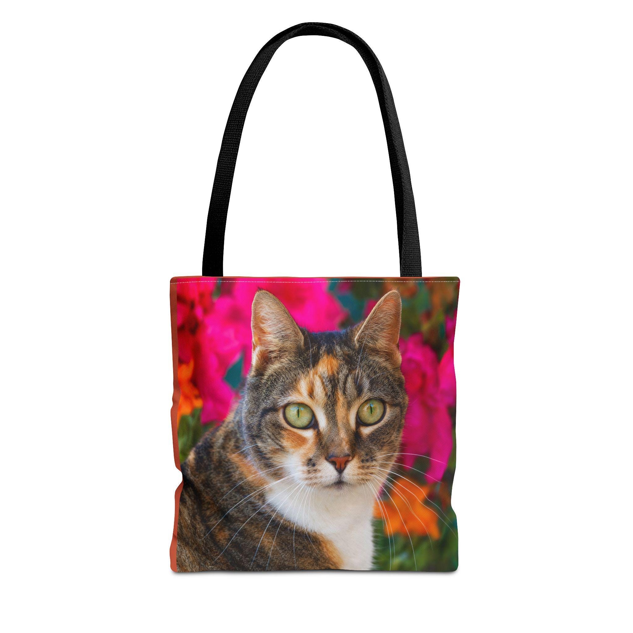 Calico Cat Portrait Tote Bag | Floral Background