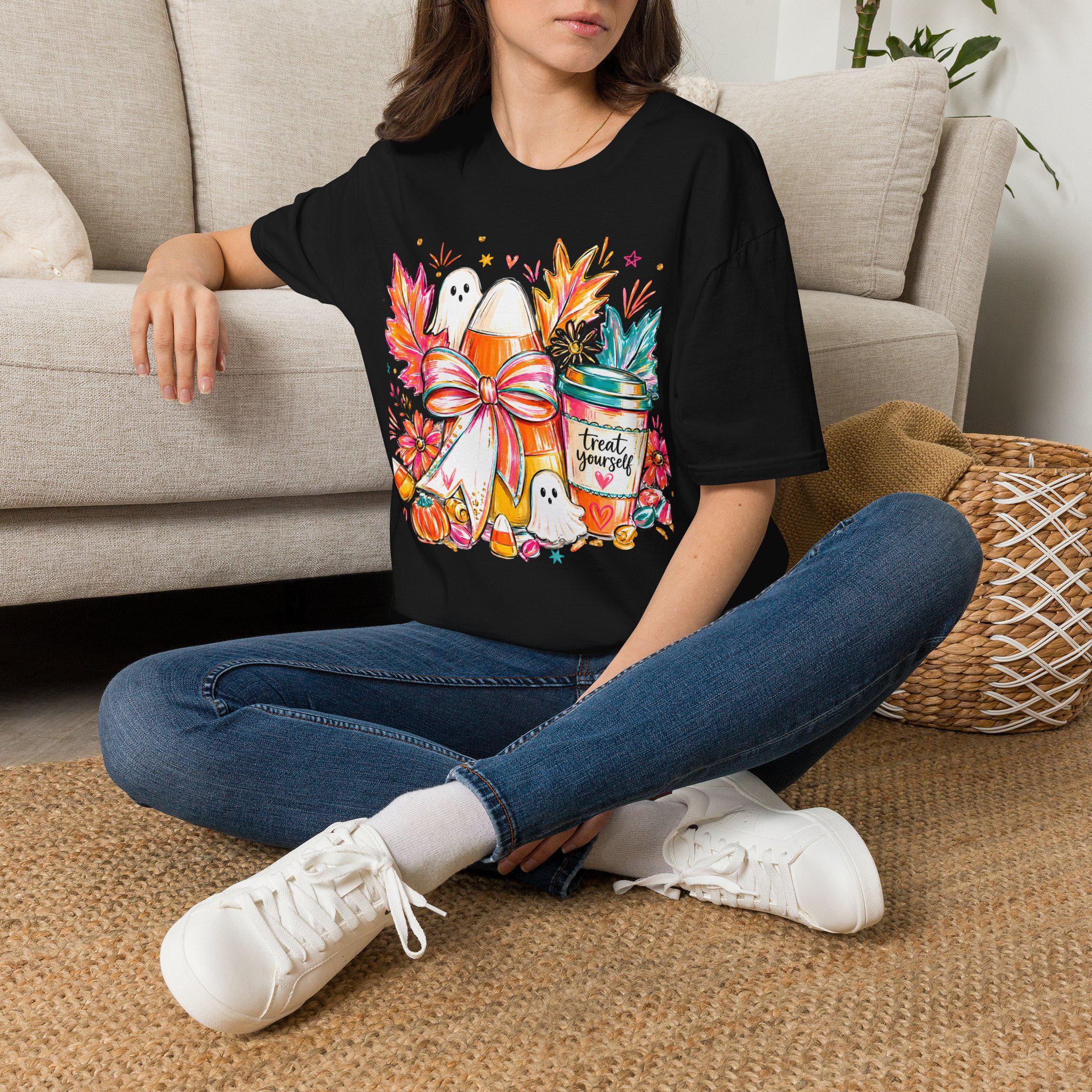 Candy Corn Bow Halloween T-Shirt | Fall Ghosts, Leaves & Treats | Autumn Cozy Fall Colors Shirt