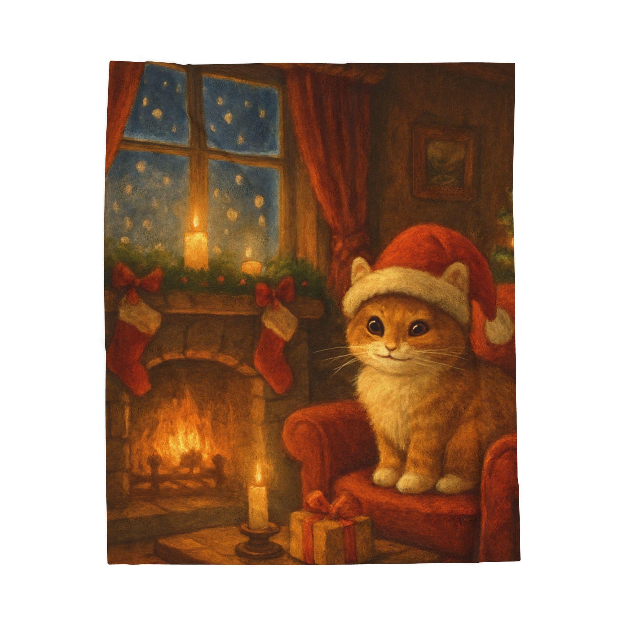 Christmas Kitten Velveteen Plush Blanket | Cozy Holiday Fireplace Scene