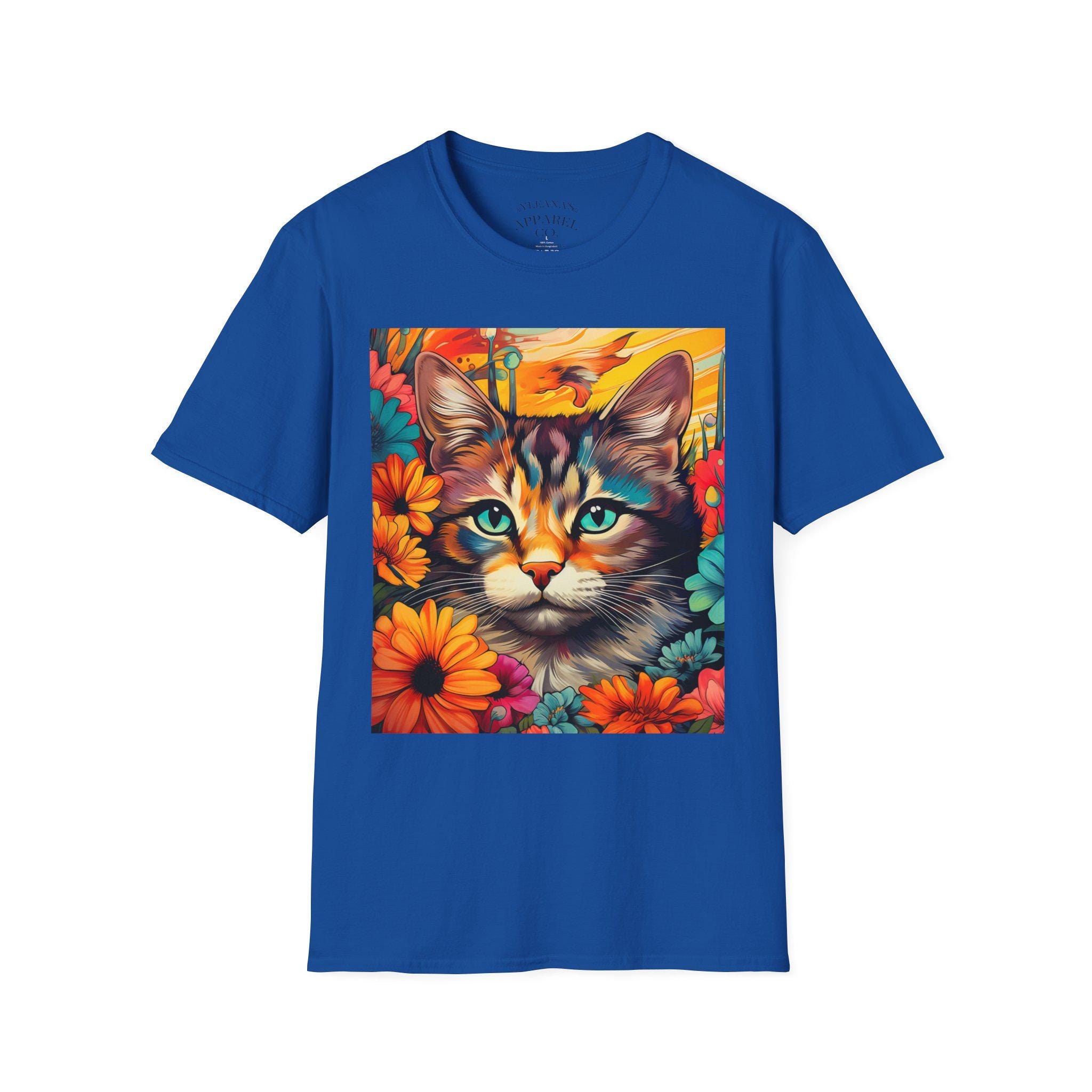 Colorful Floral Cat Portrait T-Shirt | Bright Retro Cat Tee