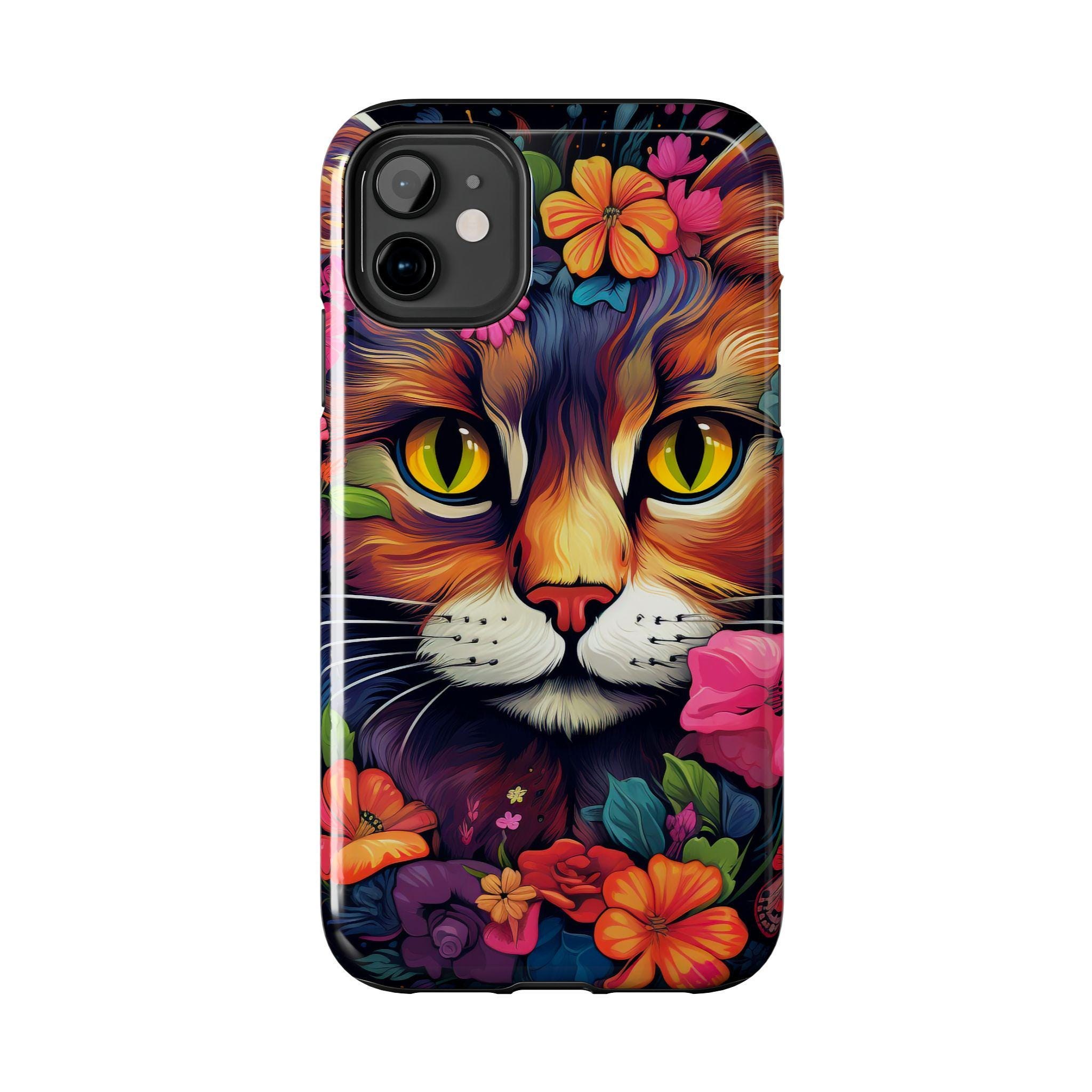 Colorful Floral Cat Tough Phone Case | Vibrant Kitty Face, Flowers