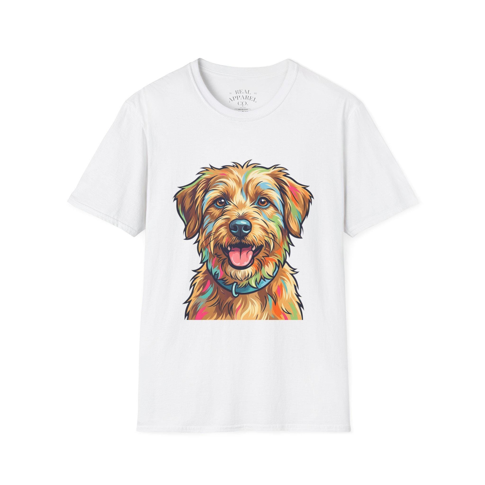 Colorful Happy Dog Portrait T-Shirt | Vibrant Paw Print Artwork