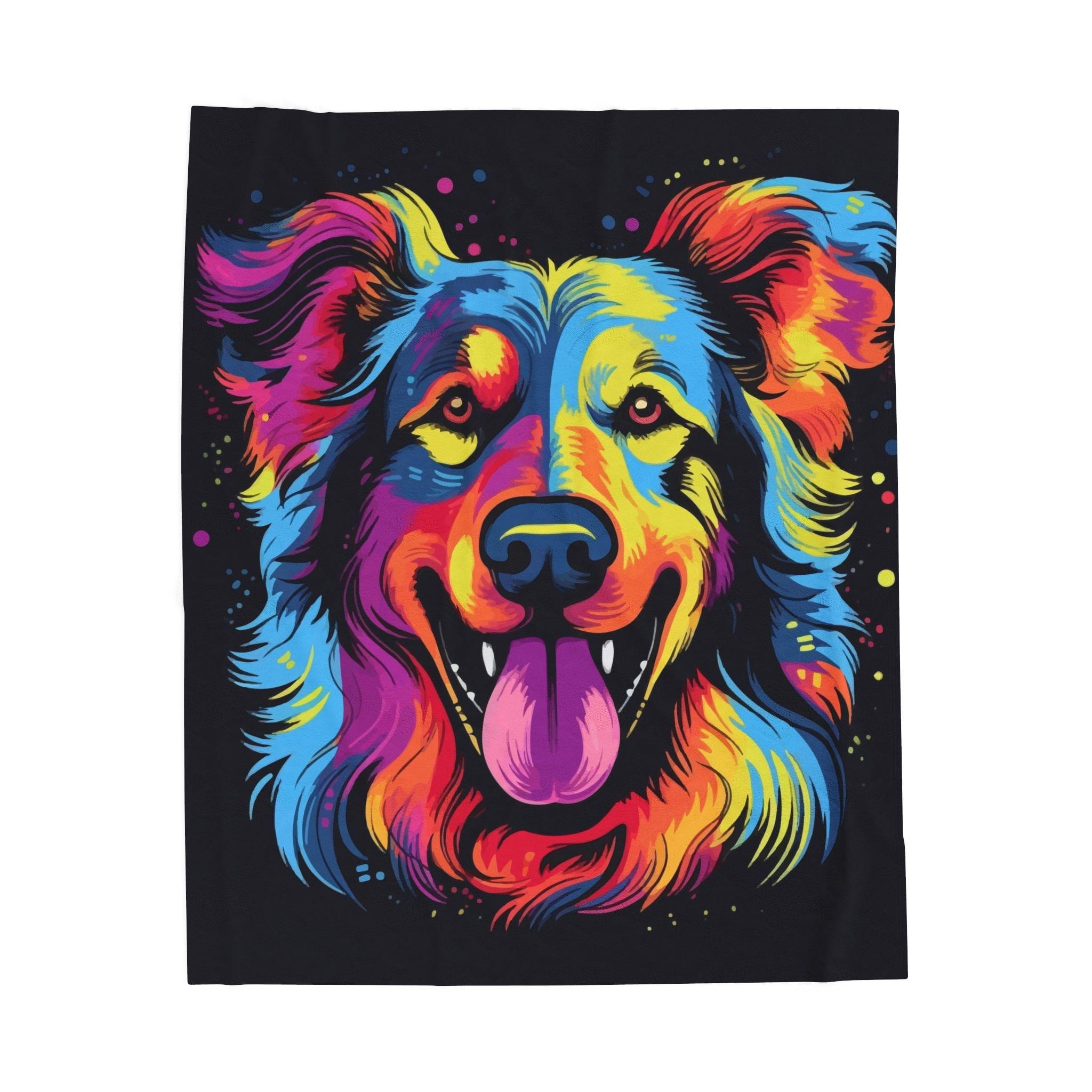 Colorful Neon Dog Portrait Velveteen Plush Blanket | Rainbow Canine Art