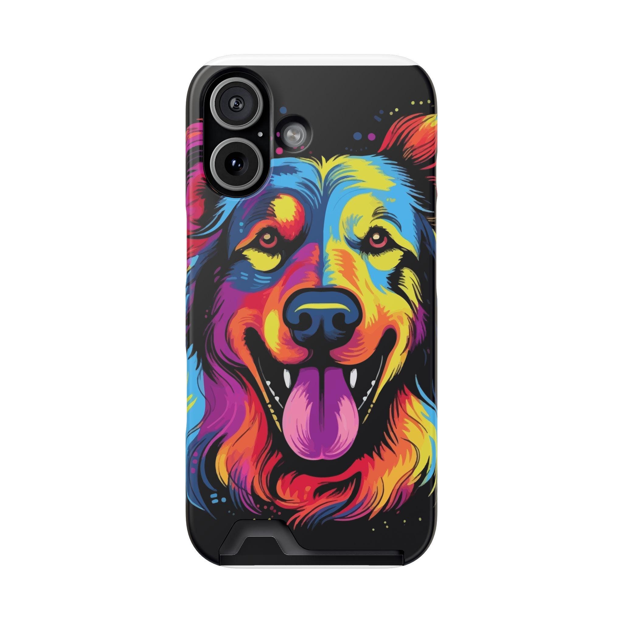 Colorful Rainbow Dog Phone Case with Card Holder | Vibrant Pet Portrait