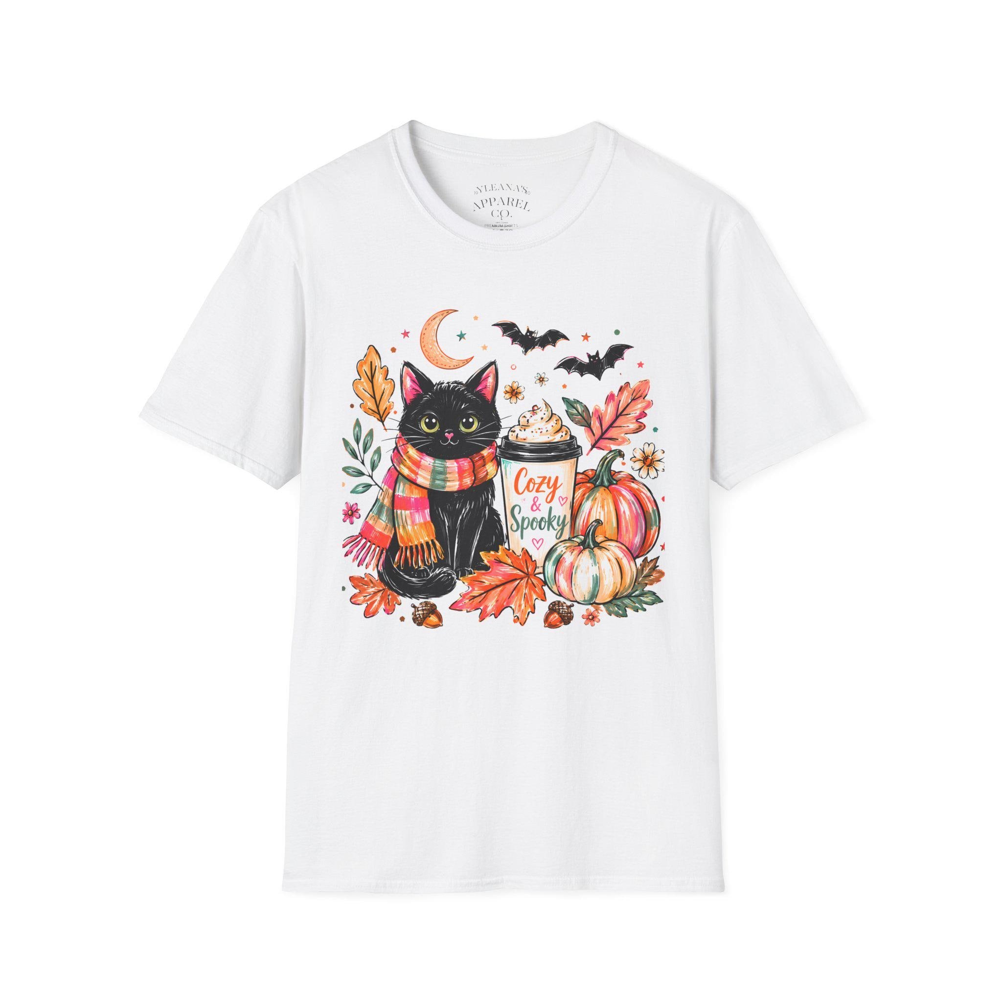 Cozy Black Cat with Pumpkin and Latte T-Shirt | Autumn Fall Halloween| Cute Kitty Halloween Shirt
