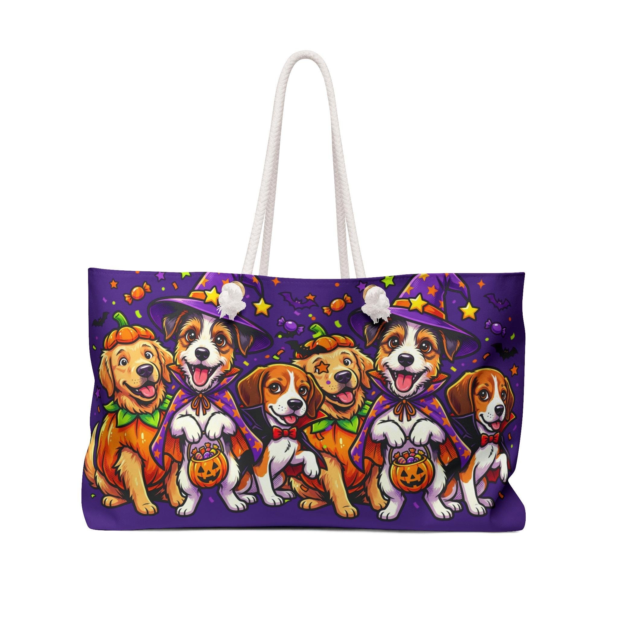 Cute Halloween Dogs Weekender Bag | Trick-or-Treat Puppies, Purple Tote