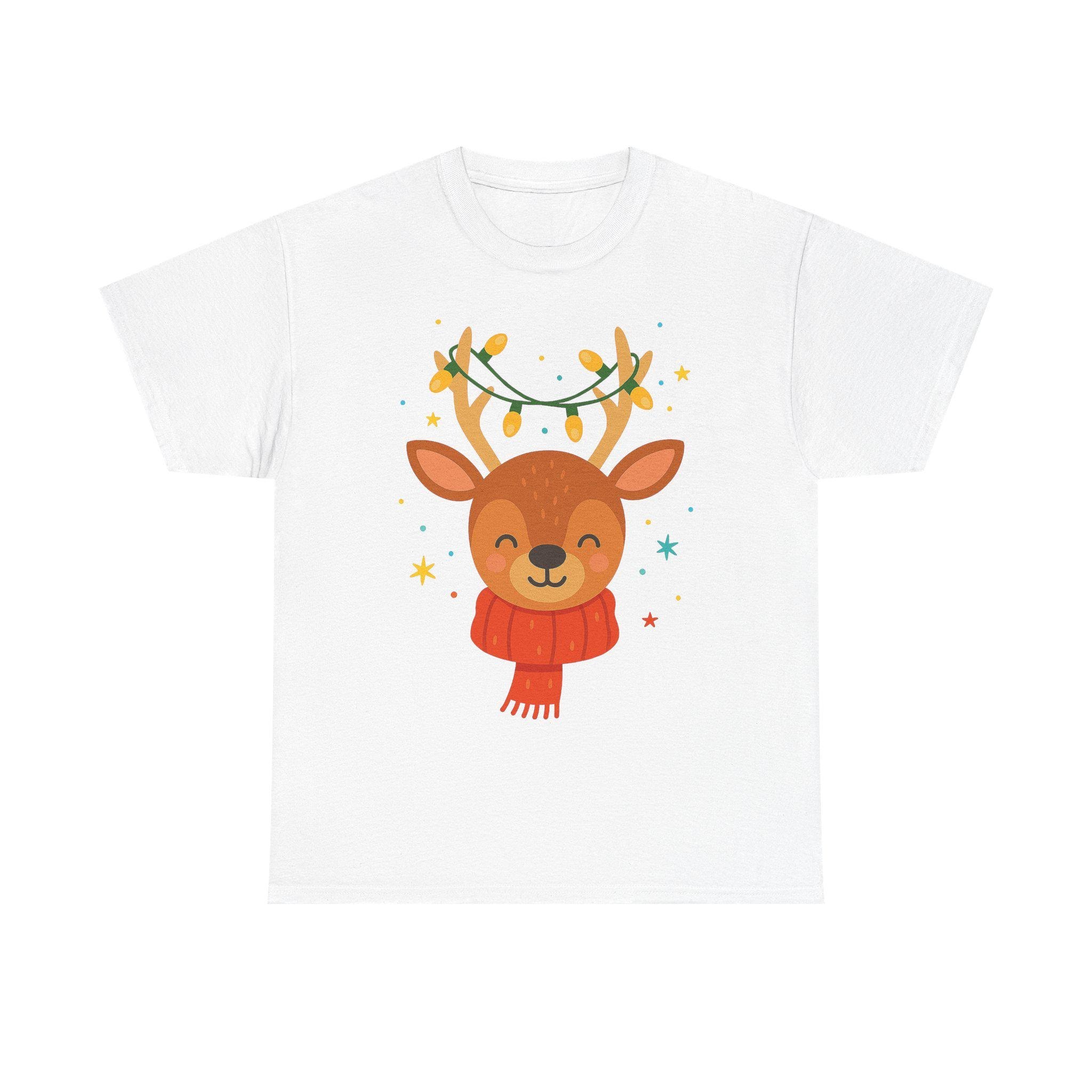 Cute Reindeer Face Tee | Christmas Antlers with Lights, Red Scarf