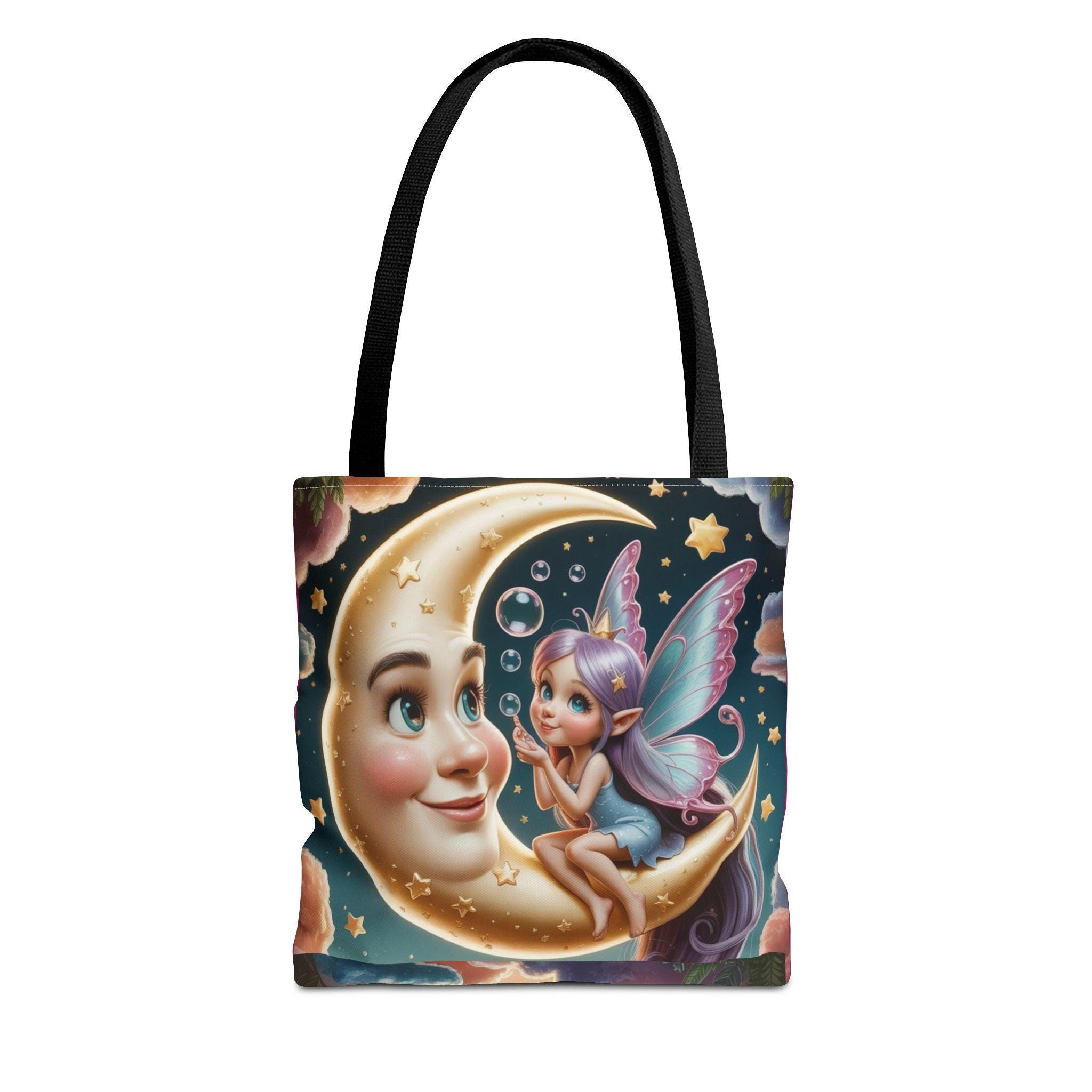 Fairy on Crescent Moon Tote Bag | Cute Night Sky Illustration