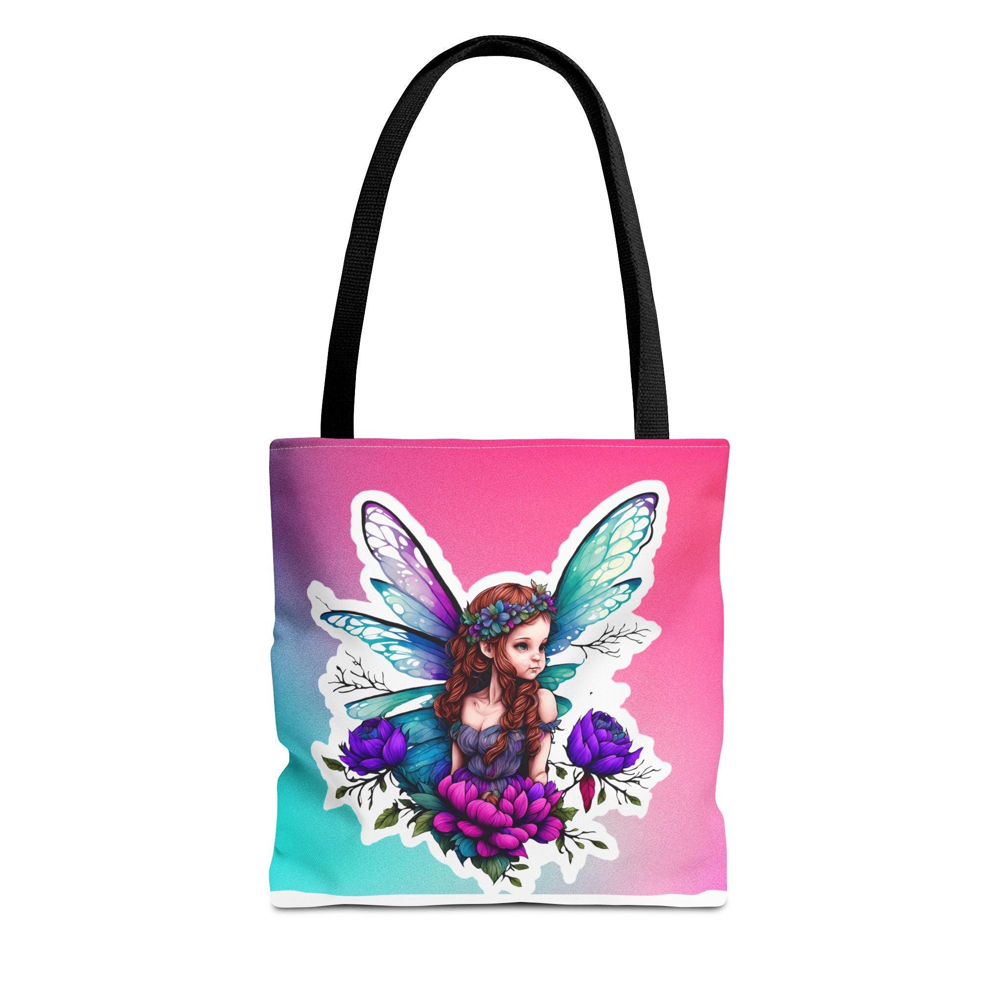 Fairy Portrait Tote Bag | Pastel Gradient, Wings and Flowers